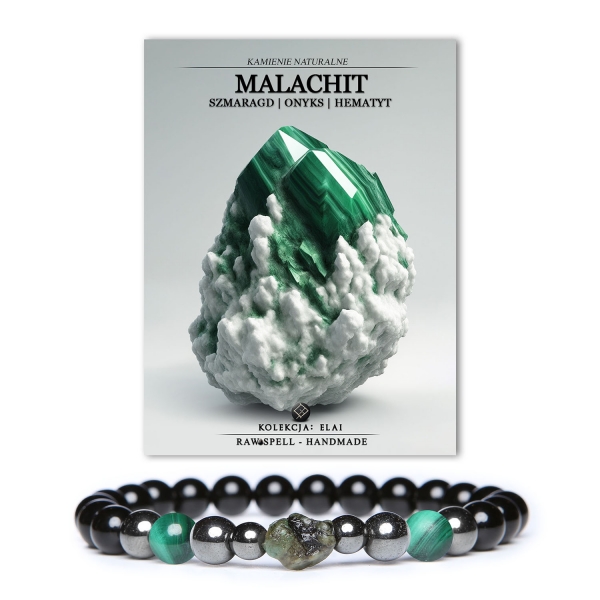 Bransoletka Elai z naturalnymi kamieniami: malachit, szmaragd, onyks i hematyt grafitowy, unisex - doskonały dodatek dla każdego.
