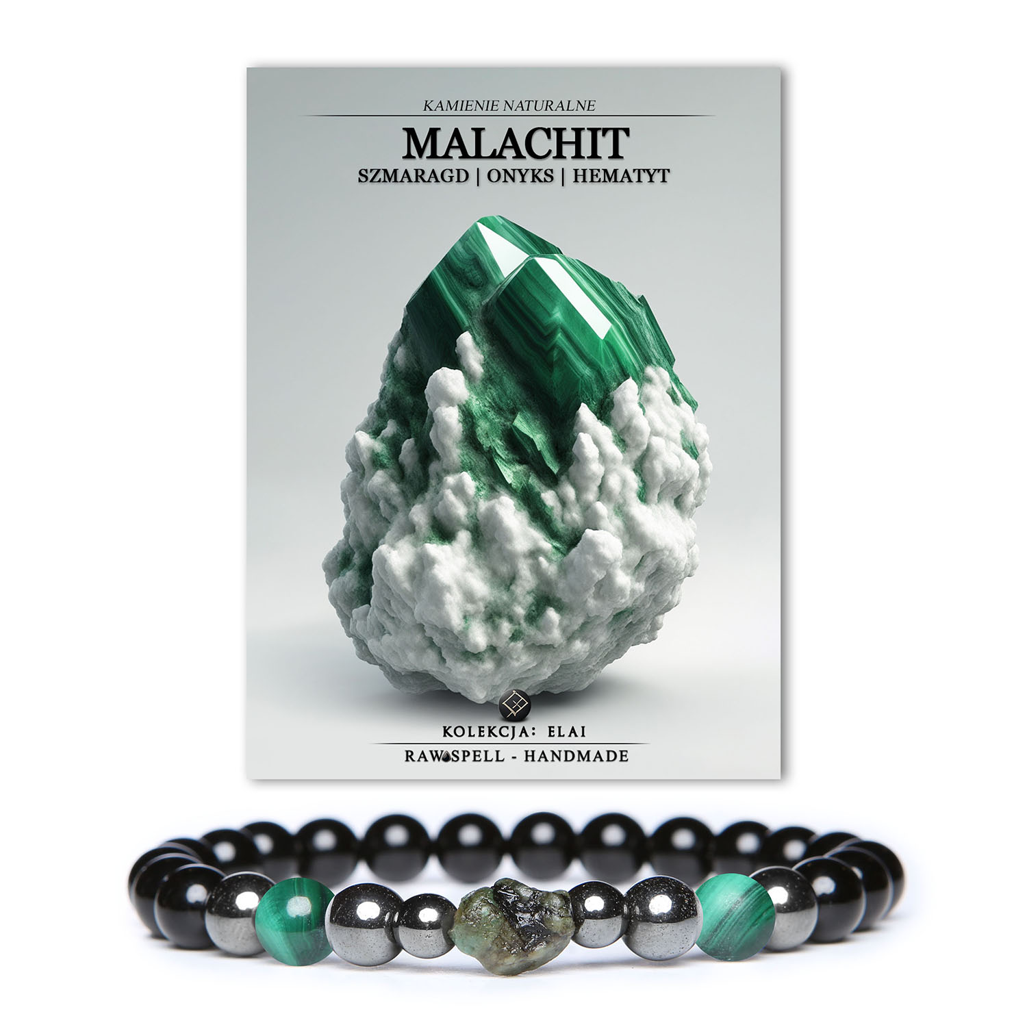 Bransoletka Elai z naturalnymi kamieniami: malachit, szmaragd, onyks i hematyt grafitowy, unisex - doskonały dodatek dla każdego.