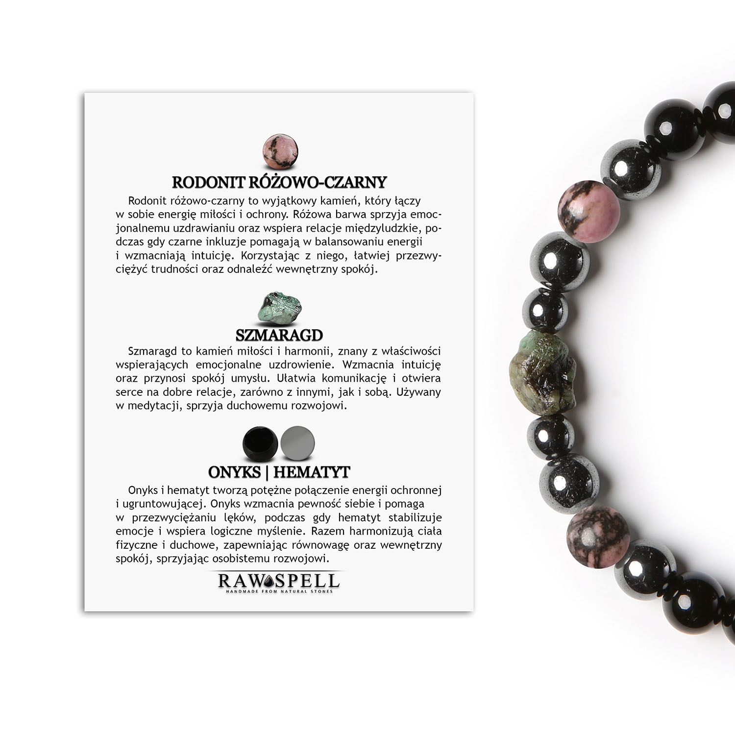 Bransoletka Elai z rodonitem w odcieniach różowo-czarnych, szmaragdem, onyksowym akcentem i hematytem - unikalny wybór dla kobiet Bransoletka z kolekcji Elai z kamieniami rodonitu w odcieniach różowo-czarnym, szmaragdu, onyksu oraz hematytu grafitowego, stworzona dla kobiet i mężczyzn.