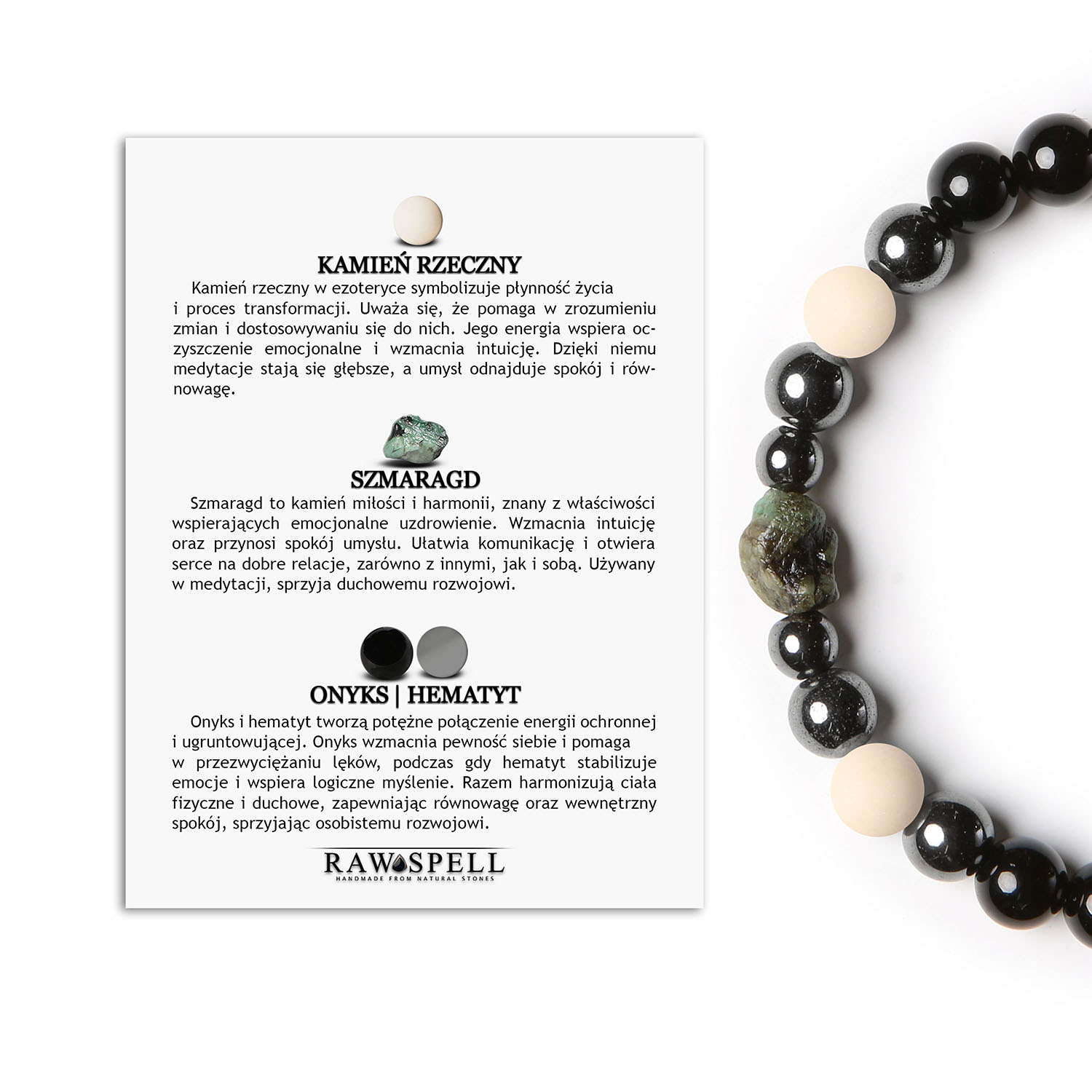 Bransoletka Elai z rzecznym kamieniem, szmaragdem i onyksami - elegancja dla kobiet i mężczyzn Bransoletka z kolekcji Elai, w składzie z kamienia rzecznego, szmaragdu, onyxu i hematytu grafitowego - modny dodatek dla każdego.