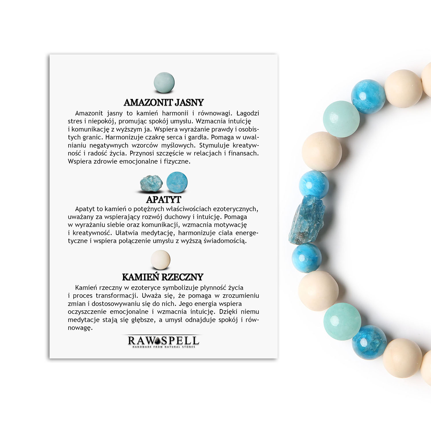 Bransoletka Fair Jasny Amazonit, Apatyt i Kamień Rzeczny. Zestaw dla niej i dla niego. Stylowy dodatek na każdą okazję Damska i męska bransoletka z kolekcji Fair, wykonana z jasnego amazonitu, apatytu i kamienia rzecznego.