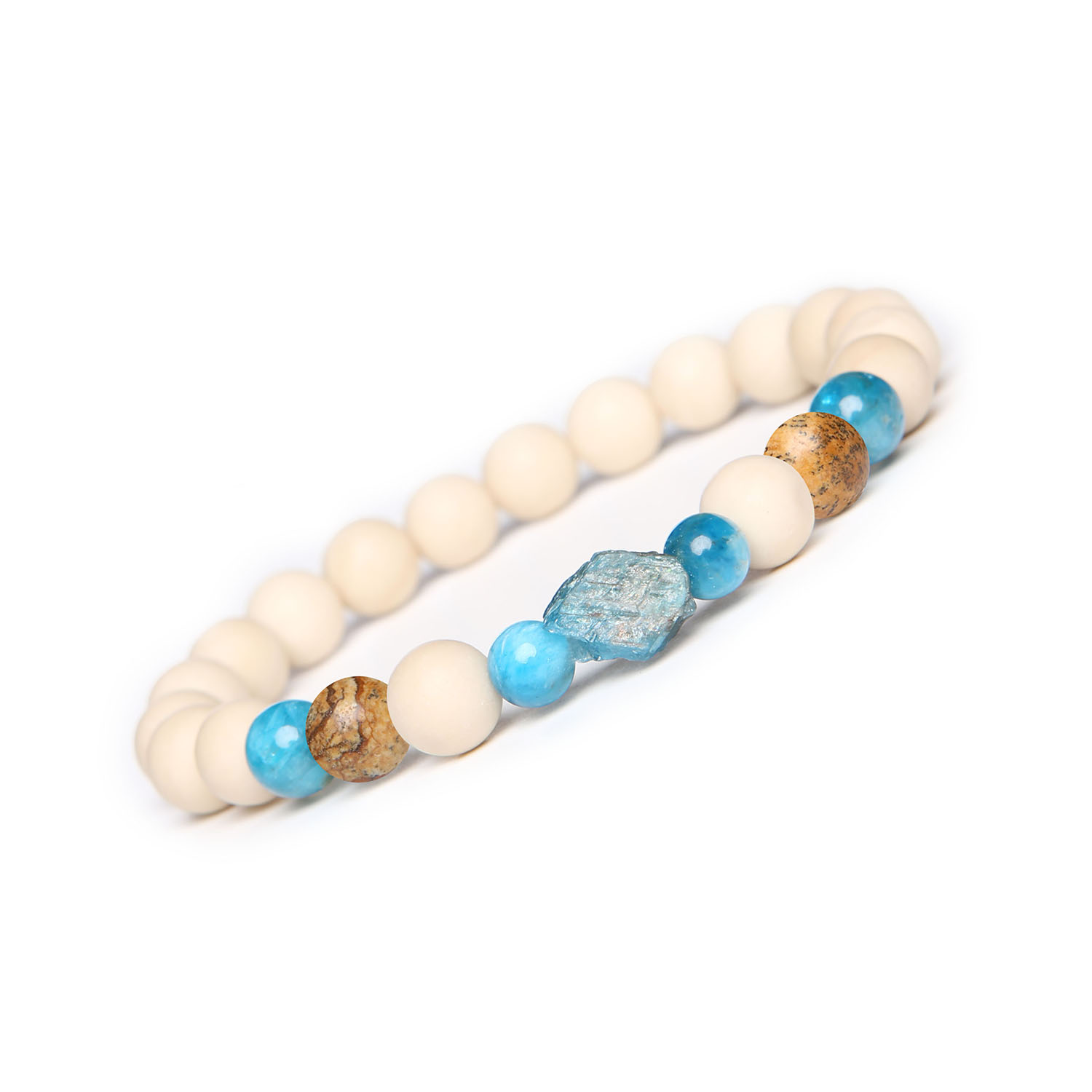 Bransoletka Fair - Jaspis Obrazkowy, Apatyt, Kamień Rzeczny. Damska i Męska. Idealny wybór na każdą okazję Elegancka bransoletka Fair z naturalnym jaspisem obrazkowym, apatytami i kamieniami rzecznymi, unisex - dla każdego.