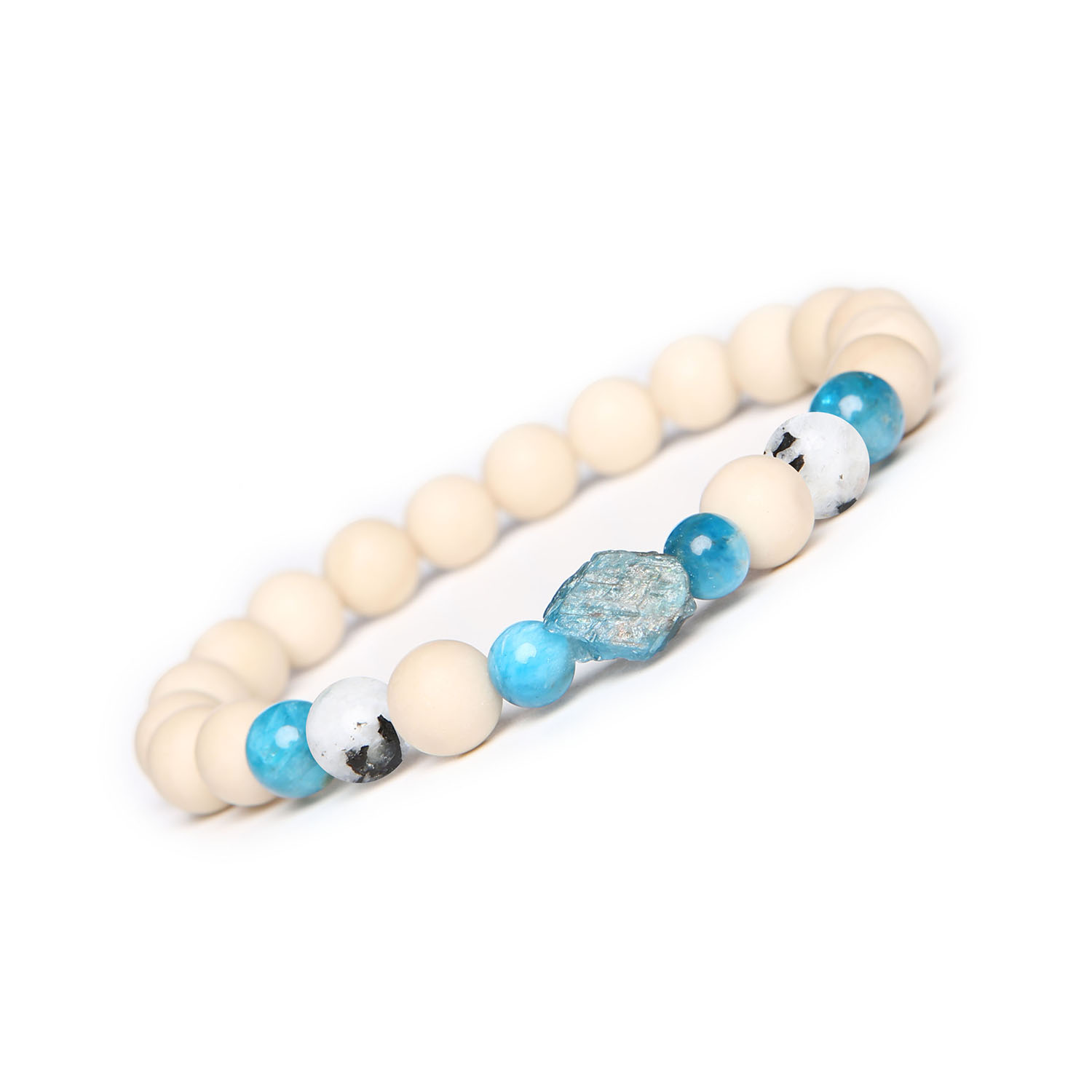 Bransoletka Fair Kamień Księżycowy Łaciaty, Apatyt, Kamień Rzeczny. Damska i Męska. Idealna na każdą okazję Stylowa bransoletka unisex z kolekcji Fair, ozdobiona łaciatym kamieniem księżycowym, apatytami oraz kamieniami rzecznymi.