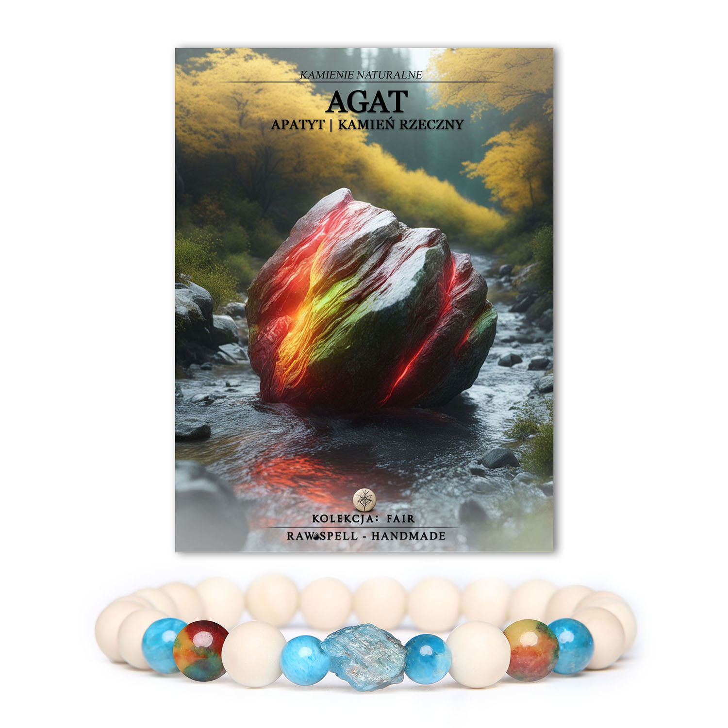 Bransoletka unisex z kolekcji Fair, wykonana z lawy wulkanicznej, agatu i kamieni rzecznych, idealna dla każdego.