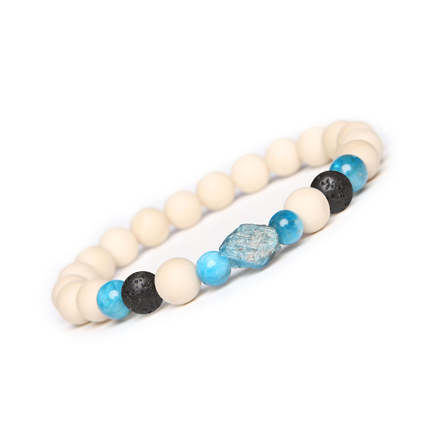 Bransoletka Fair Lawa Wulkaniczna, Apatyt, Kamień Rzeczny. Dla kobiet i mężczyzn – elegancja na każdą okazję Elegancka bransoletka Fair z naturalnych kamieni: lawa wulkaniczna, apatyt i kamień rzeczny, przeznaczona dla kobiet i mężczyzn.