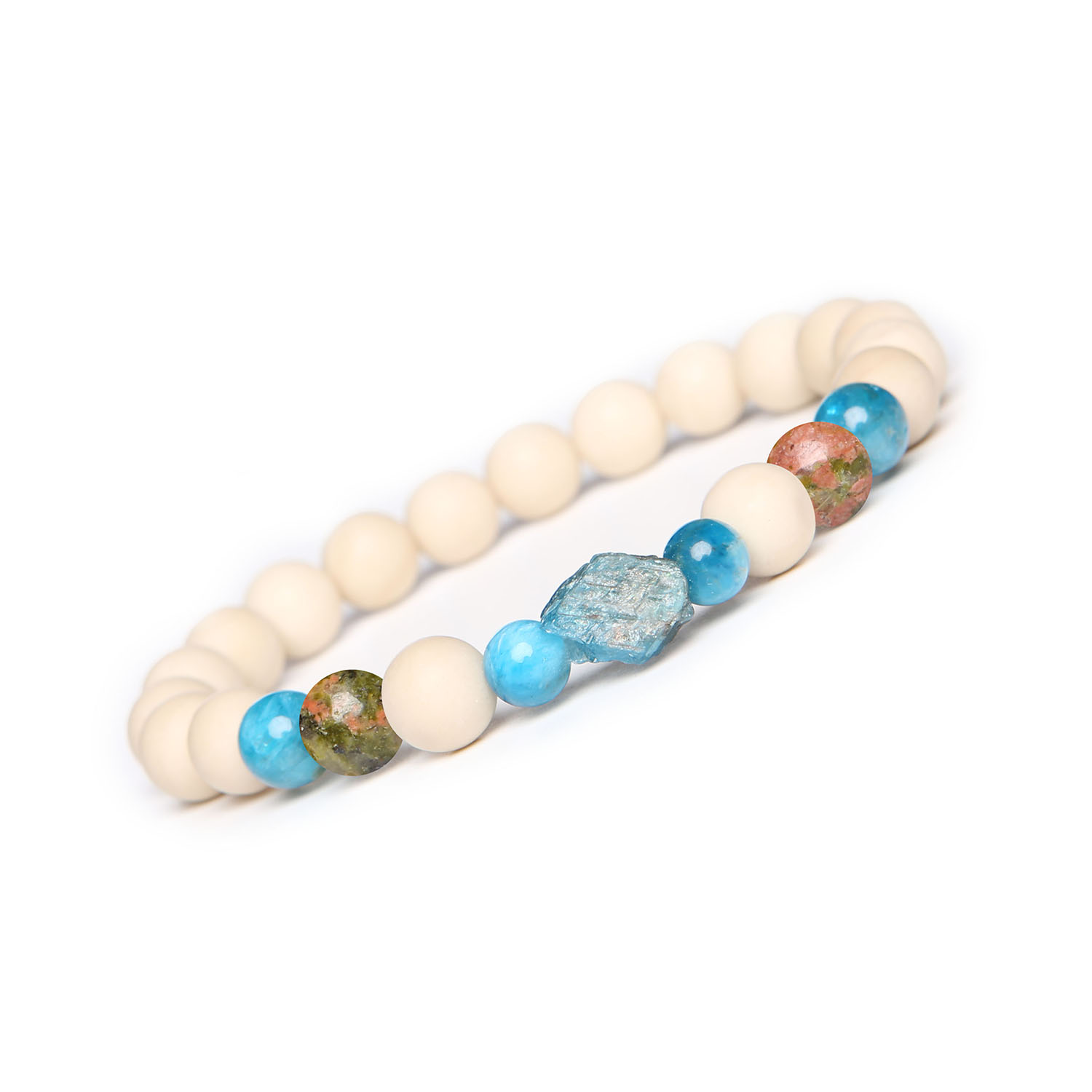 Bransoletka Fair Unakit, Apatyt, Kamień Rzeczny. Stylowa biżuteria dla niej i dla niego. Odkryj wyjątkowość naturalnych kamieni Elegancka bransoletka z kamieniami unakit, apatyt i kamień rzeczny, z kolekcji Fair dla kobiet i mężczyzn.