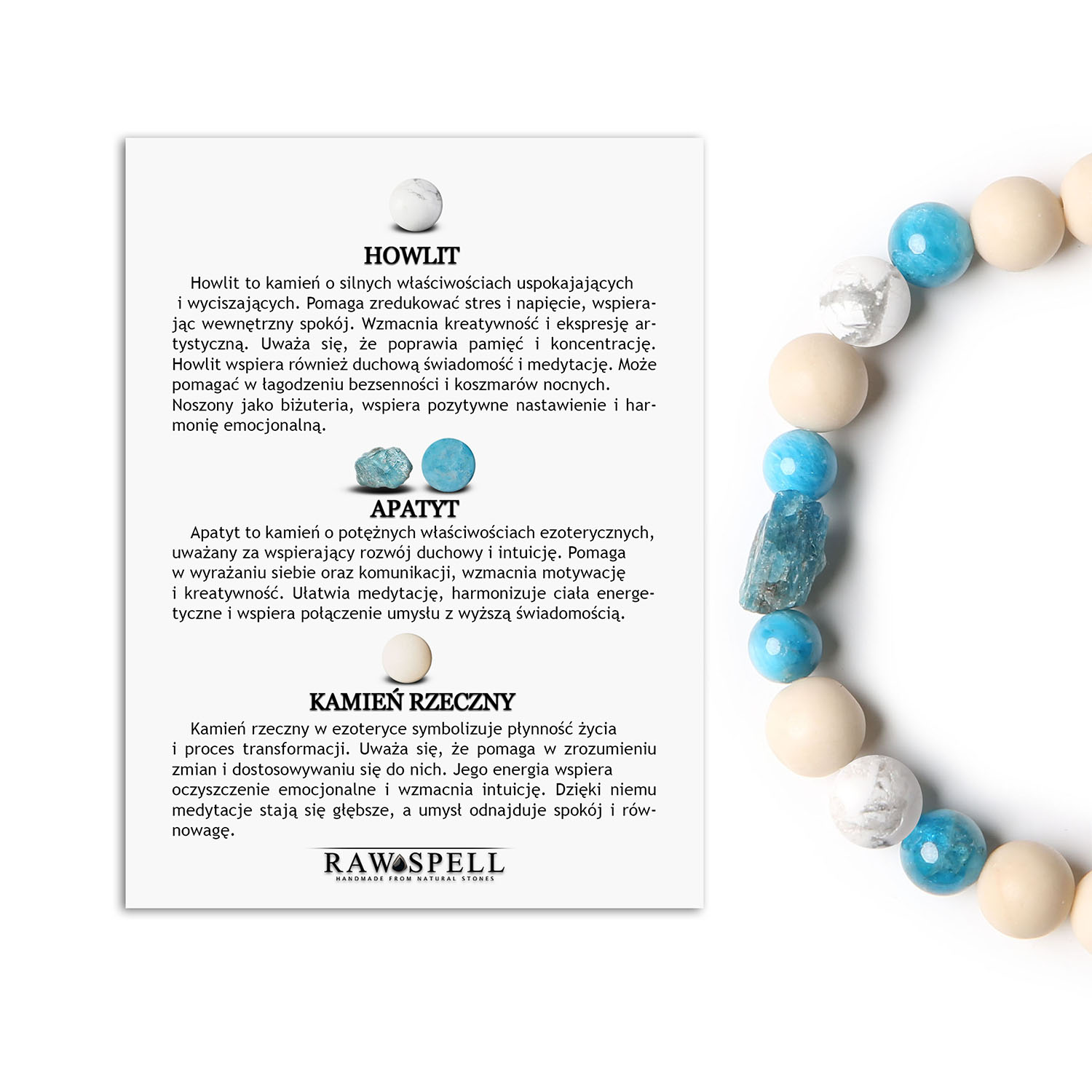 Bransoletka Fair połączenie Howlitu, Apatyty i Kamienia Rzecznego. Idealna dla kobiet i mężczyzn ceniących styl Bransoletka z kolekcji Fair, łącząca Howlit, Apatyt i Kamień Rzeczny - unikalny dodatek dla każdej osoby.