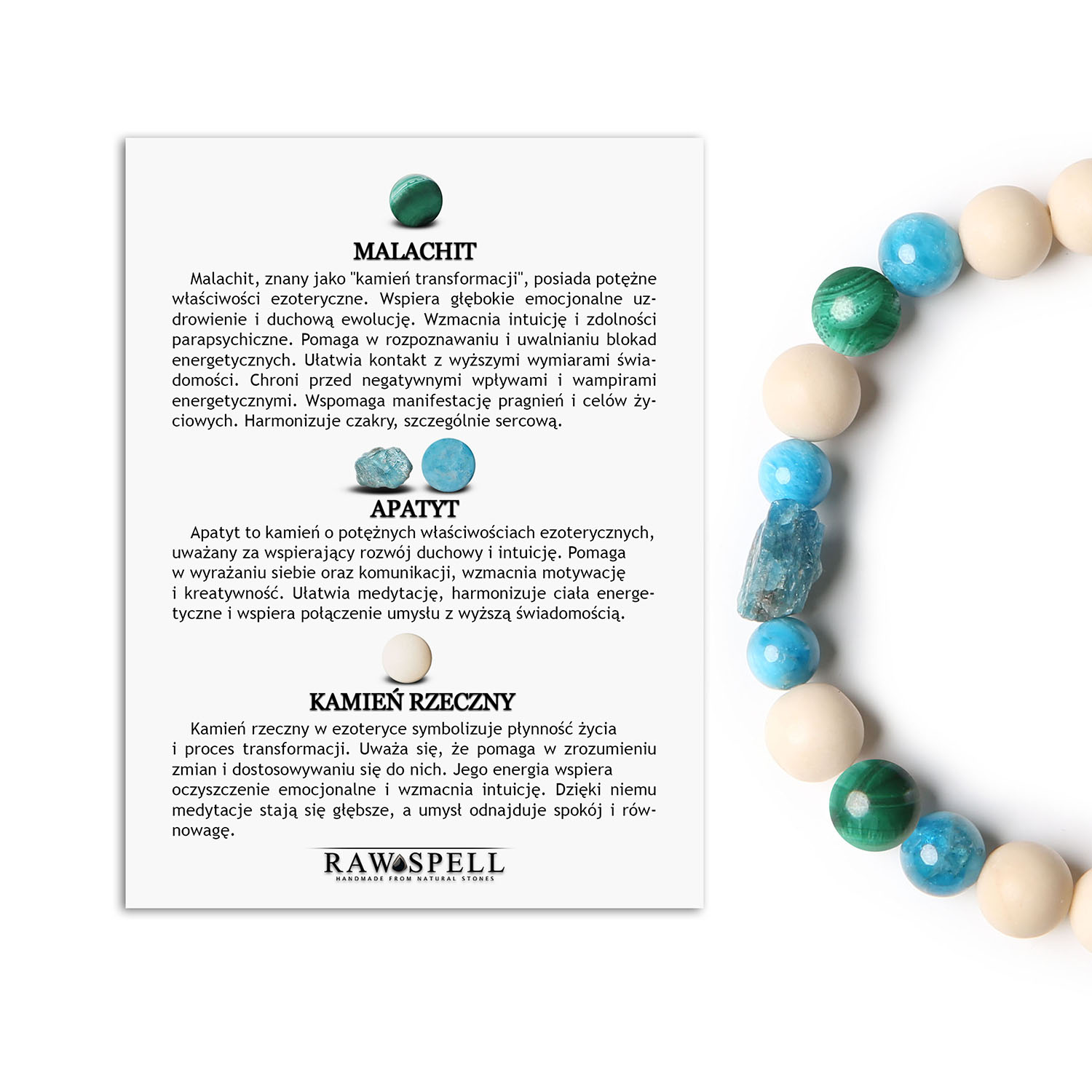 Bransoletka Fair w odcieniach Malachitu i Apatytu z Kamieniem Rzecznym. Dla każdego, kto ceni elegancję Damska i męska bransoletka z kolekcji Fair, z naturalnymi kamieniami: malachitem, apatytem i kamieniem rzecznym."