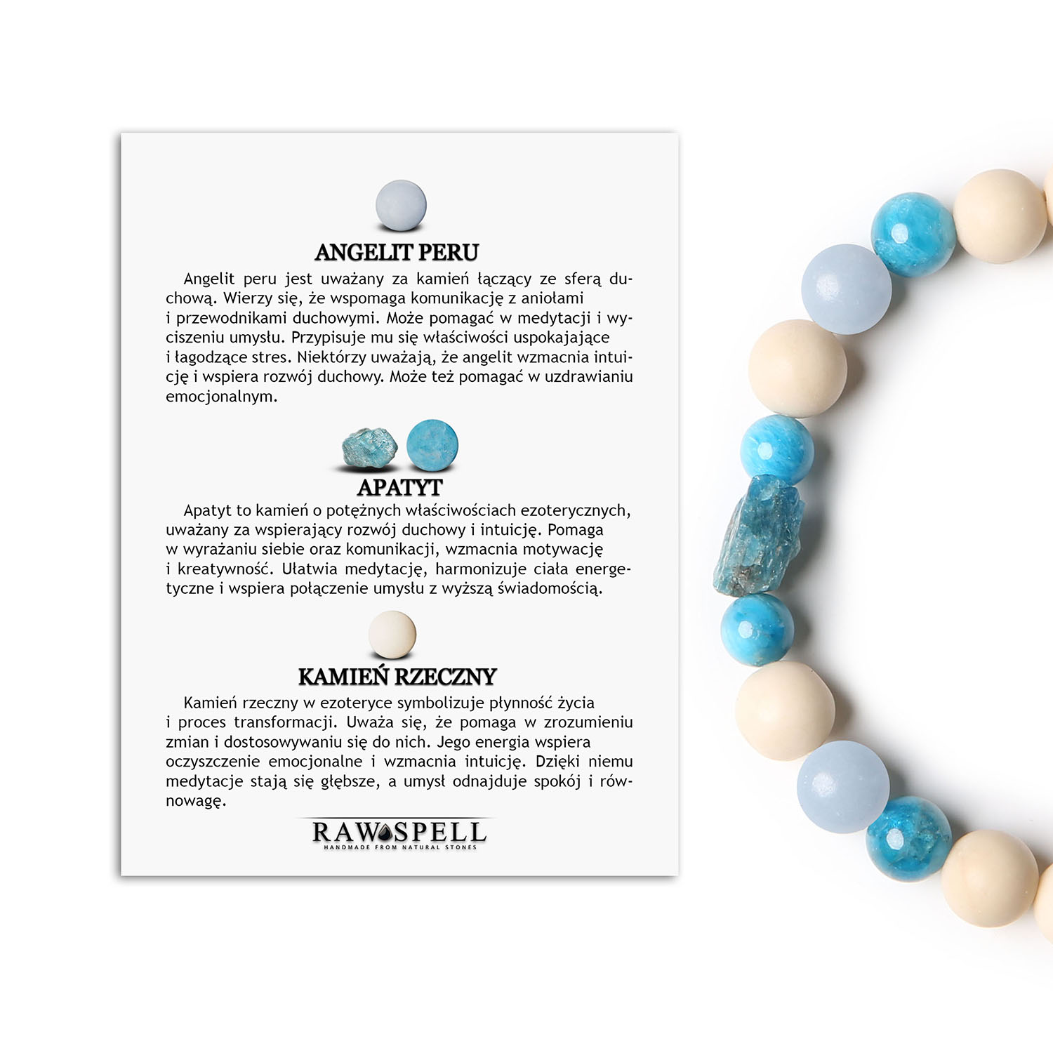 Bransoletka Fair w zestawieniu Angellitu Peru, Apatytem i Kamieniem Rzecznym. Damska i męska elegancja Stylowa bransoletka Fair dla kobiet i mężczyzn, zawierająca piękne kamienie: angelit, apatyt oraz kamień rzeczny.