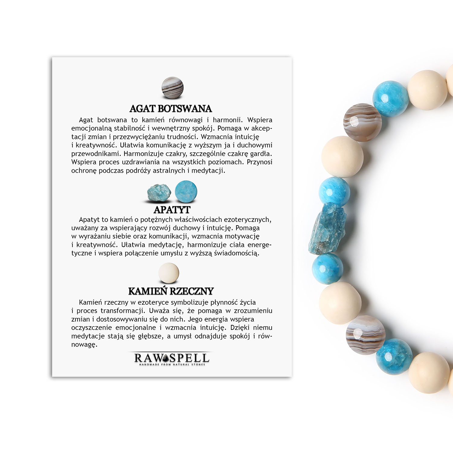 Bransoletka Fair z Agatem Botswana, Apatytem i Kamieniem Rzecznym. Elegancki dodatek dla kobiet i mężczyzn Stylowa bransoletka z Agatem Botswana, Apatytem i Kamieniem Rzecznym z kolekcji Fair, dostępna dla pań i panów.