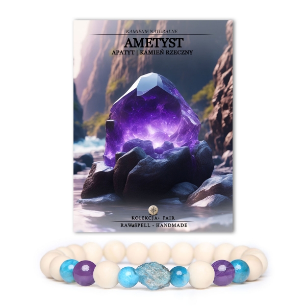 Bransoletka z kolekcji Fair z ametystem, apatytami i kamieniem rzecznym - unisex, idealna dla kobiet i mężczyzn.
