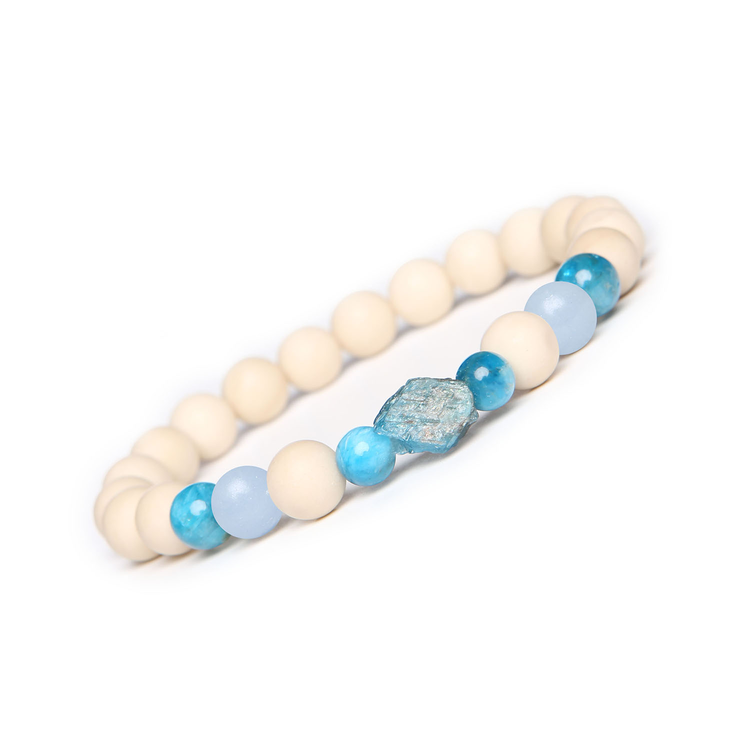 Bransoletka Fair z Angelitą z Peru, Apatytem i Kamieniem Rzecznym. Idealna dla kobiet i mężczyzn Damska i męska bransoletka z kolekcji Fair, ozdobiona naturalnymi kamieniami: angelit z Peru, apatyt i kamień rzeczny.