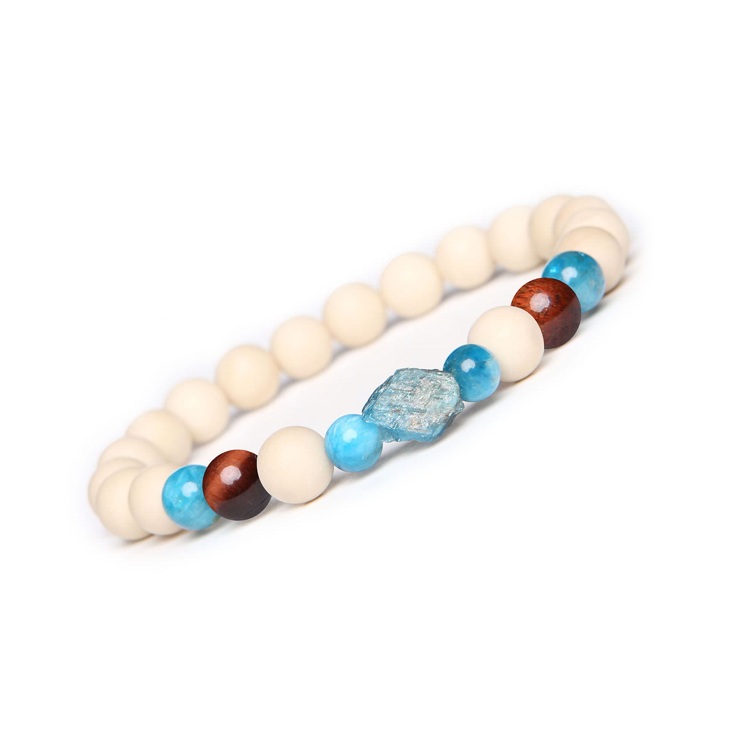 Bransoletka Fair z Bawołowym Okiem, Apatytem i Kamieniem Rzecznym. Idealna dla kobiet i mężczyzn. Sprawdź naszą kolekcję Elegancka, unisex bransoletka z kolekcji Fair z bawolim okiem, apatytami oraz kamieniami rzecznymi."