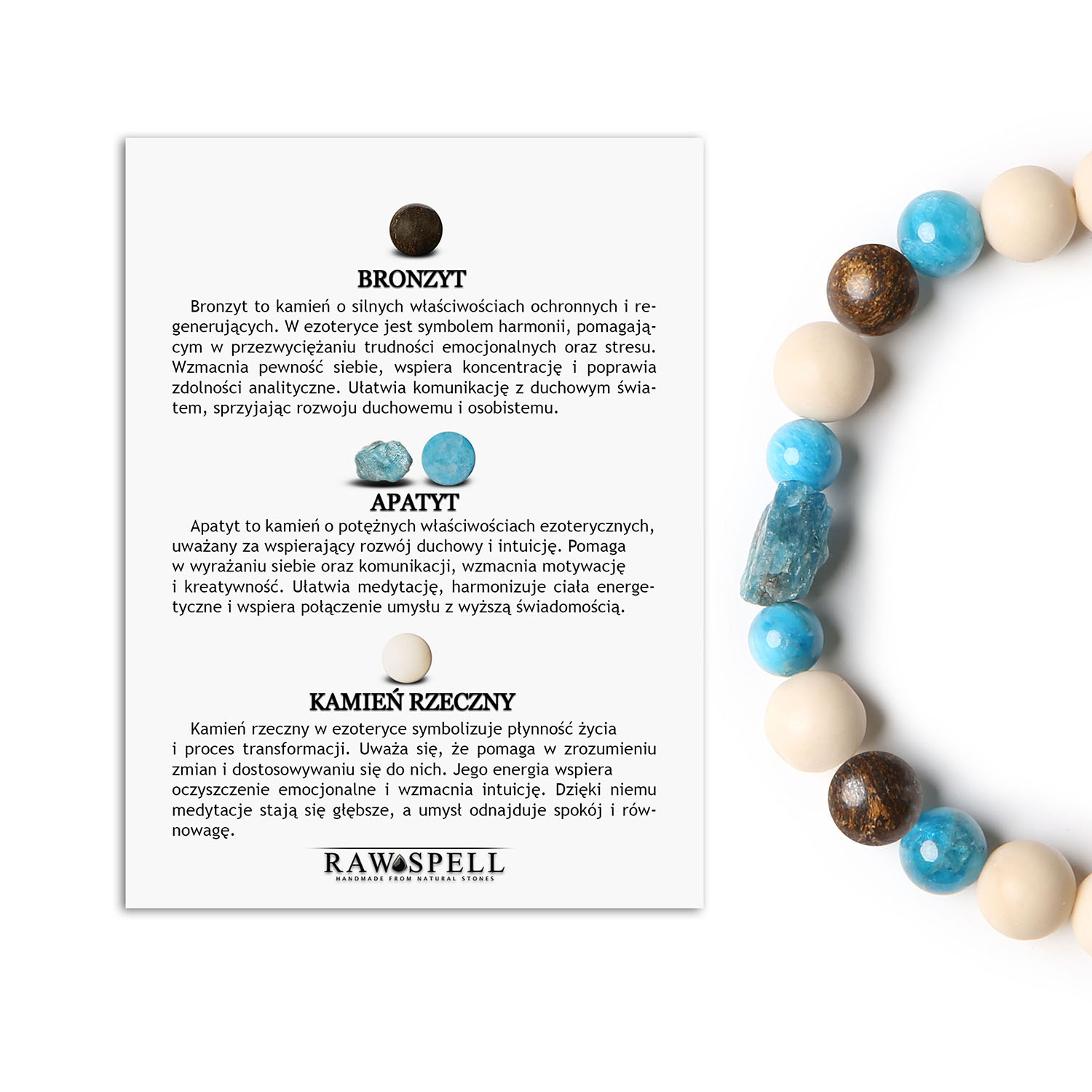 Bransoletka Fair z Bronzytem, Apatytem i Kamieniem Rzecznym. Doskonały wybór dla kobiet i mężczyzn Damska i męska bransoletka z naturalnych kamieni: brązyt, apatyt oraz kamień rzeczny, z kolekcji Fair.