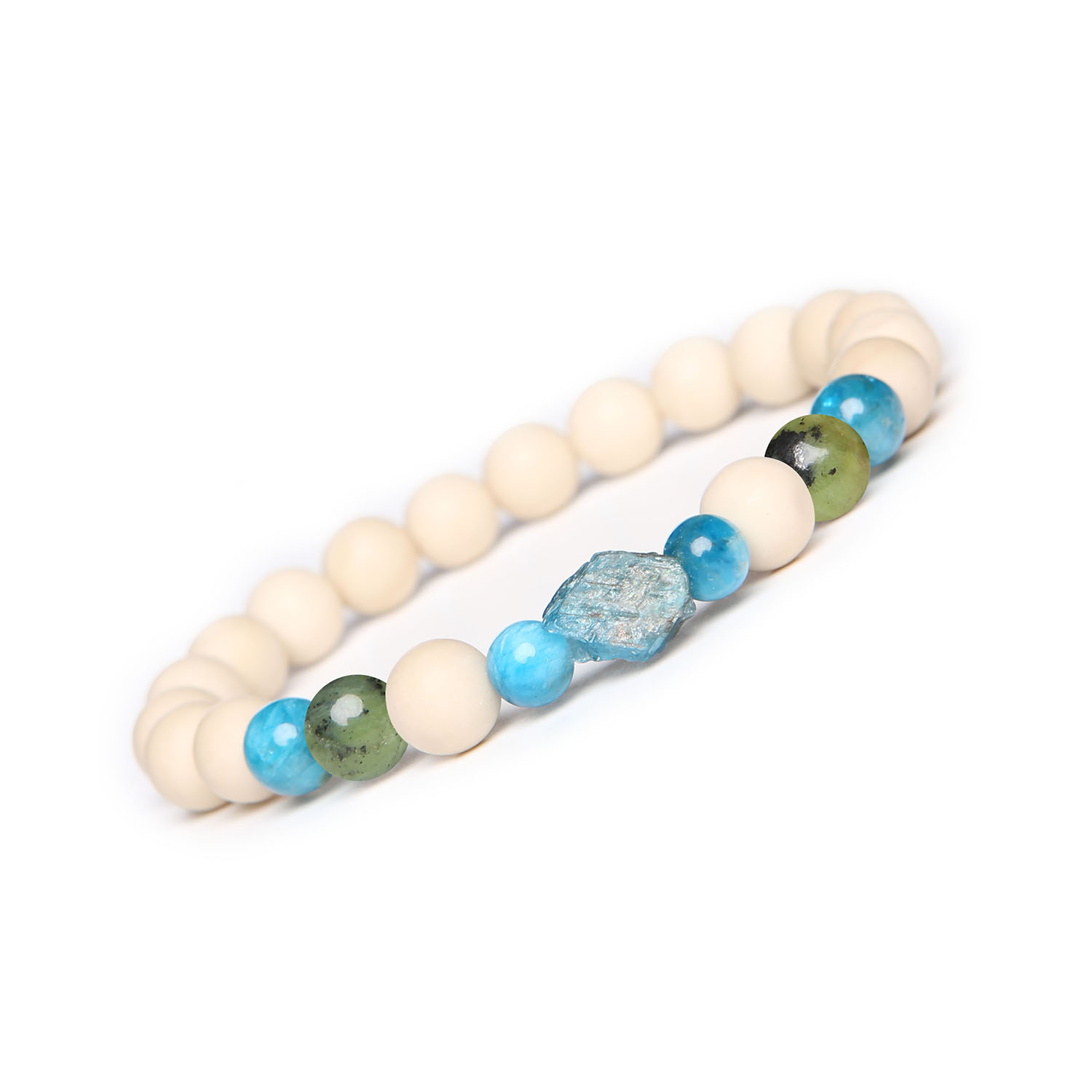 Bransoletka Fair z Jadeitem Zielonym, Apatytem i Kamieniem Rzecznym. Idealna dla kobiet i mężczyzn Damska i męska bransoletka z kolekcji Fair, zdobiona naturalnymi kamieniami: jadeitem zielonym, apatytami oraz kamieniami rzecznymi.