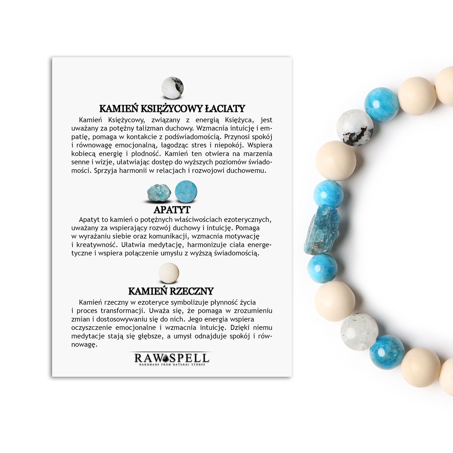 Bransoletka Fair z Kamieniem Księżycowym Łaciatym, Apatytem i Kamieniem Rzecznym. Damska i Męska. Wyjątkowy dodatek Bransoletka z kolekcji Fair z kamieniem księżycowym łaciatym, apatyt i kamieniem rzecznym, dostępna zarówno dla kobiet, jak i mężczyzn.
