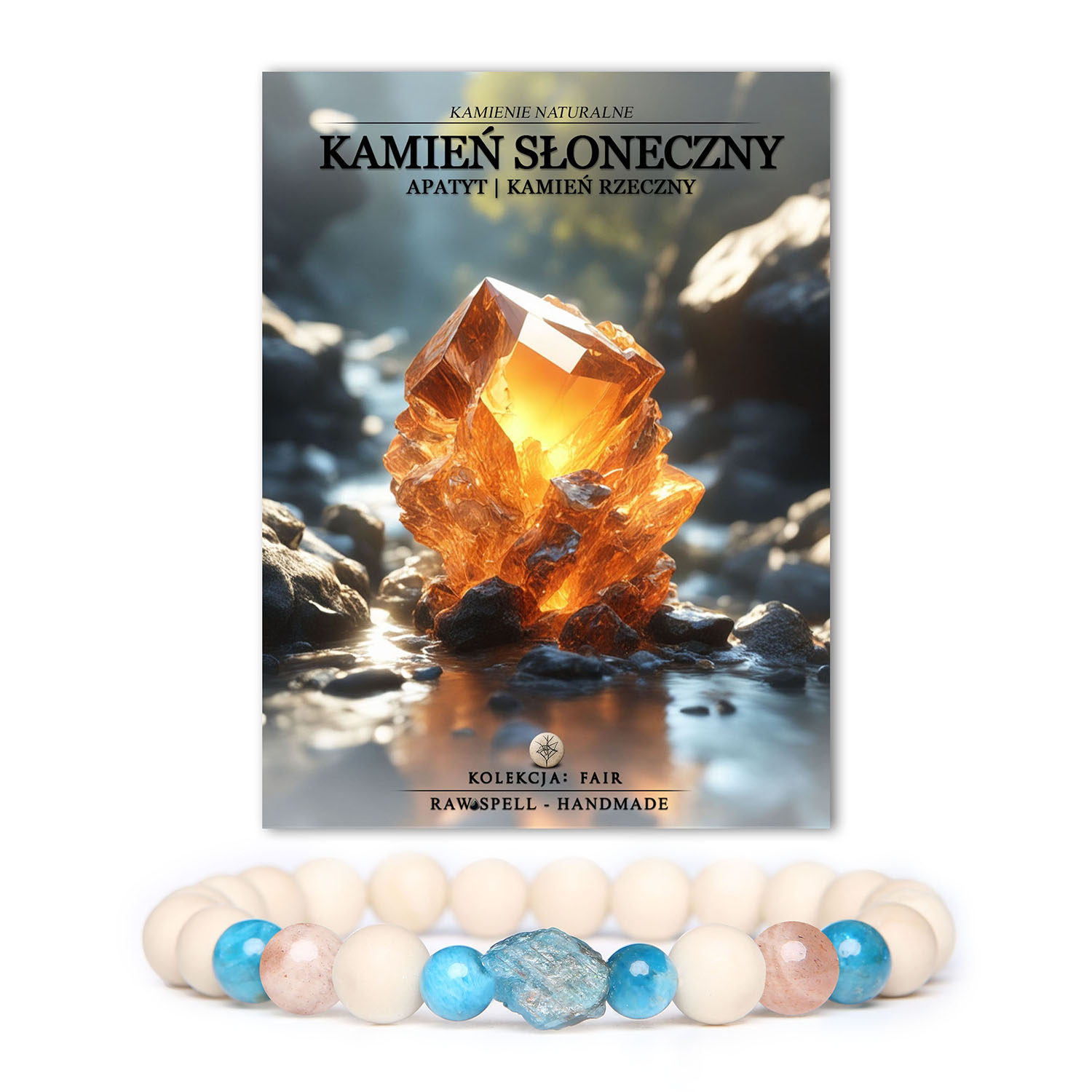 Damska i męska bransoletka z kolekcji Fair, zawierająca kamień słoneczny, apatyt oraz kamień rzeczny.