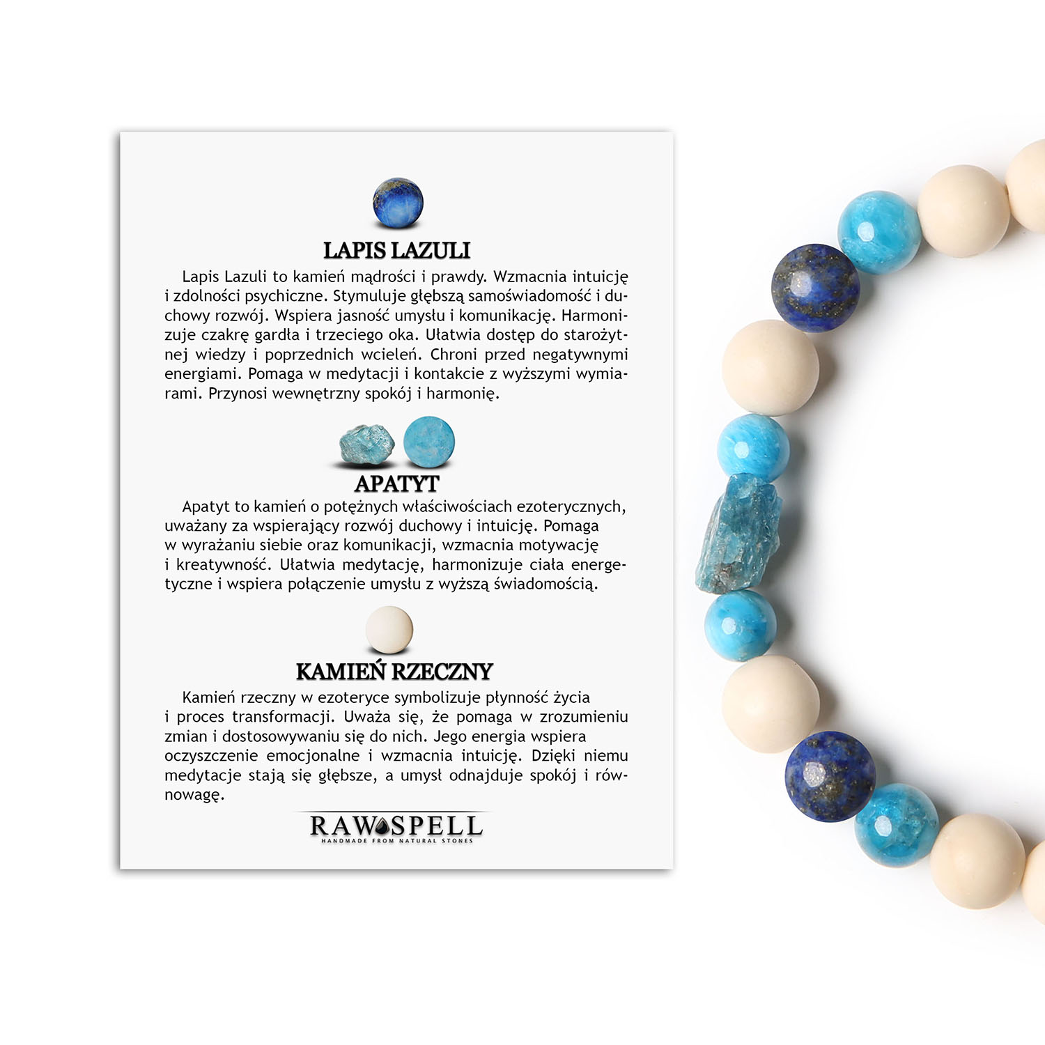 Bransoletka Fair z Lapis Lazuli, Apatytem i Kamieniem Rzecznym. Niezwykły dodatek dla kobiet i mężczyzn Bransoletka unisex z Lapis Lazuli, Apatytem i Kamieniem Rzecznym, kolekcja Fair.