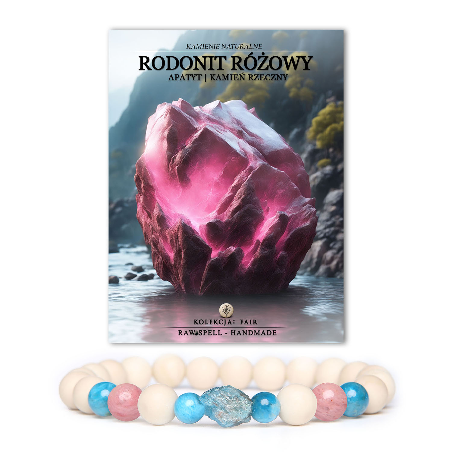 Elegancka bransoletka z kolekcji Fair, zawierająca różowy rodonit, apatyt i kamień rzeczny, w wersji unisex.