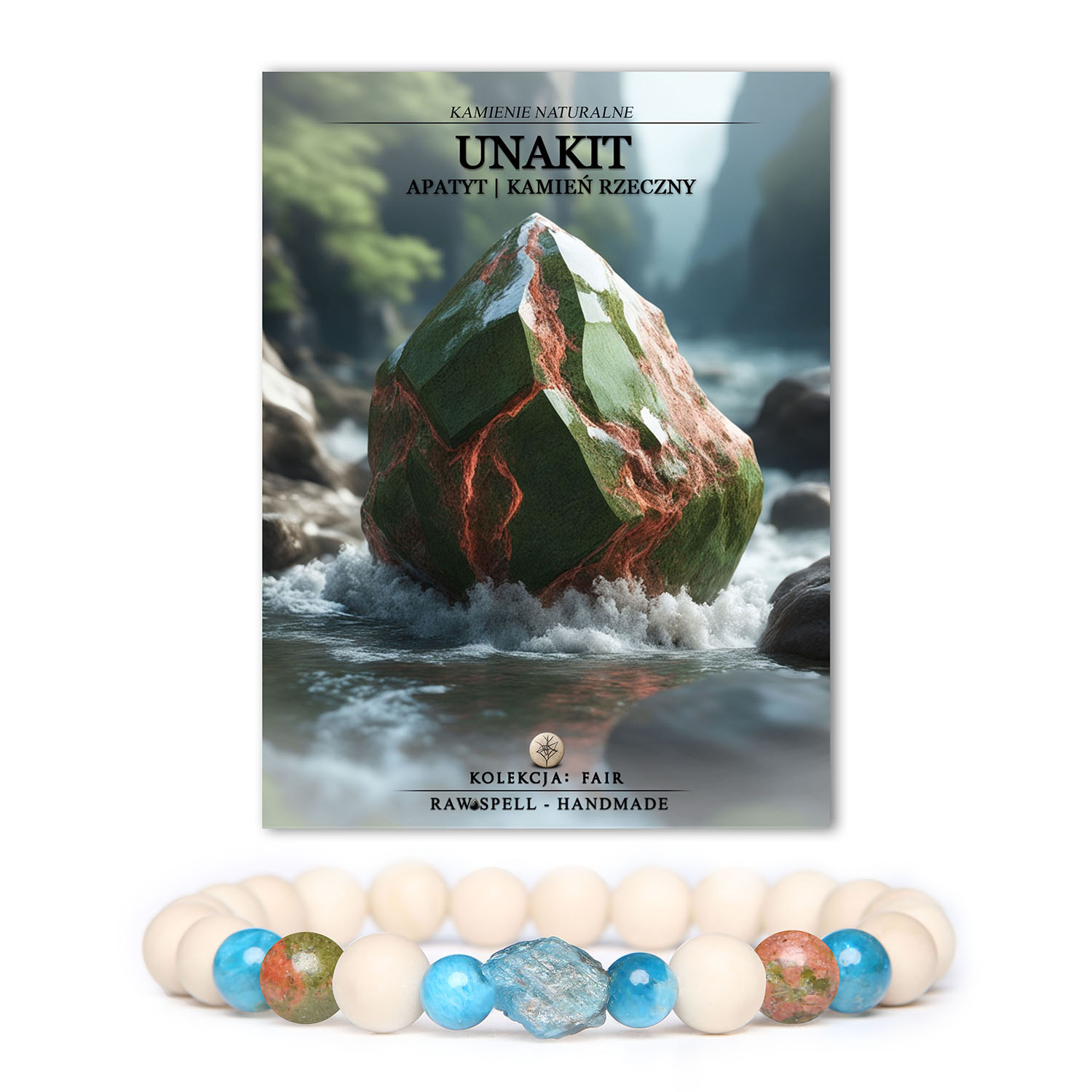 Bransoletka z kolekcji Fair, dostępna w wersji damskiej i męskiej, z pięknymi kamieniami unakit, apatyt i kamień rzeczny.