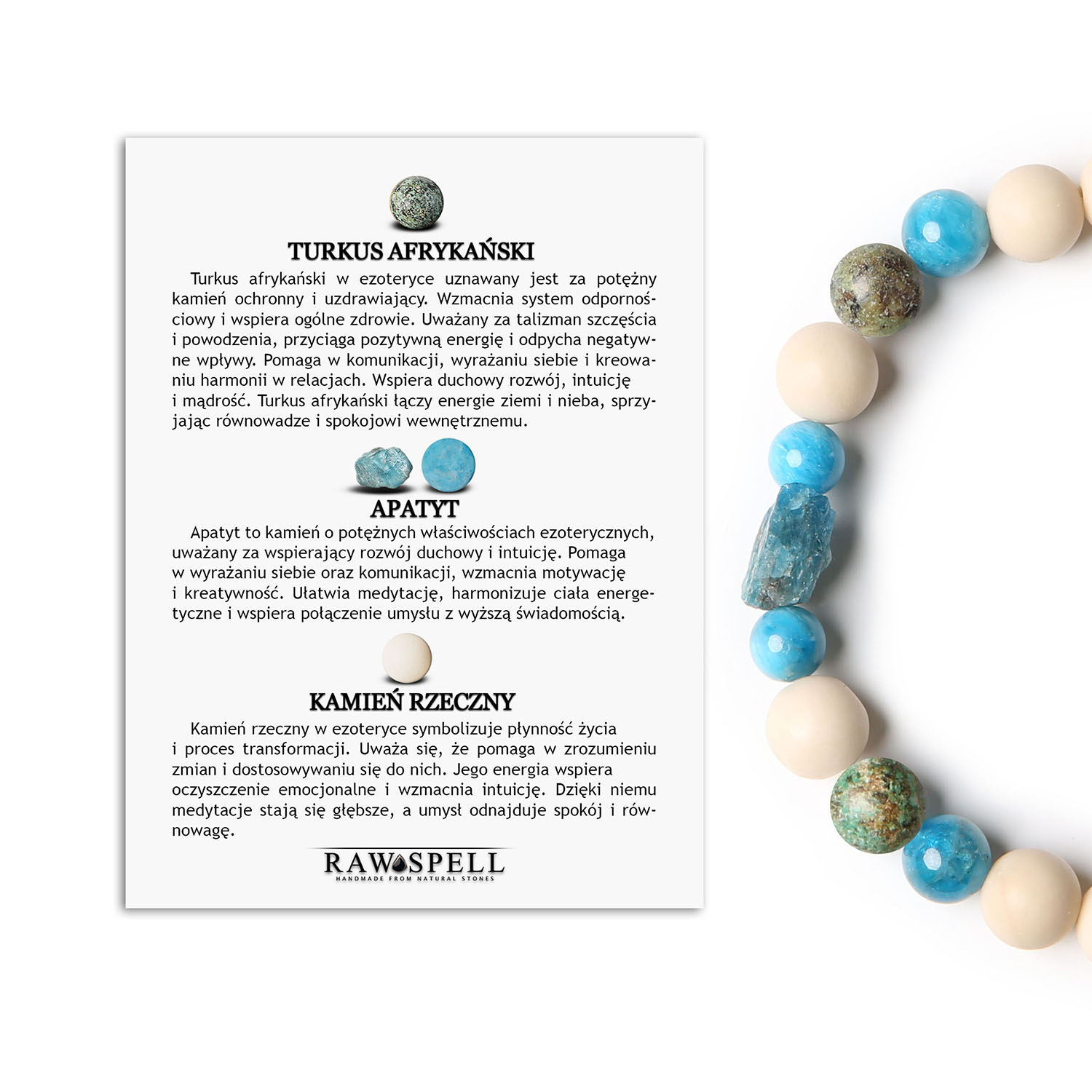 Bransoletka Fair – połączenie Turkusu Afrykańskiego, Apatytem i Kamieniem Rzecznym. Doskonały wybór dla każdej osoby Stylowa bransoletka z kolekcji Fair: turkus afrykański, apatyt, kamień rzeczny - unisex, dla każdego.