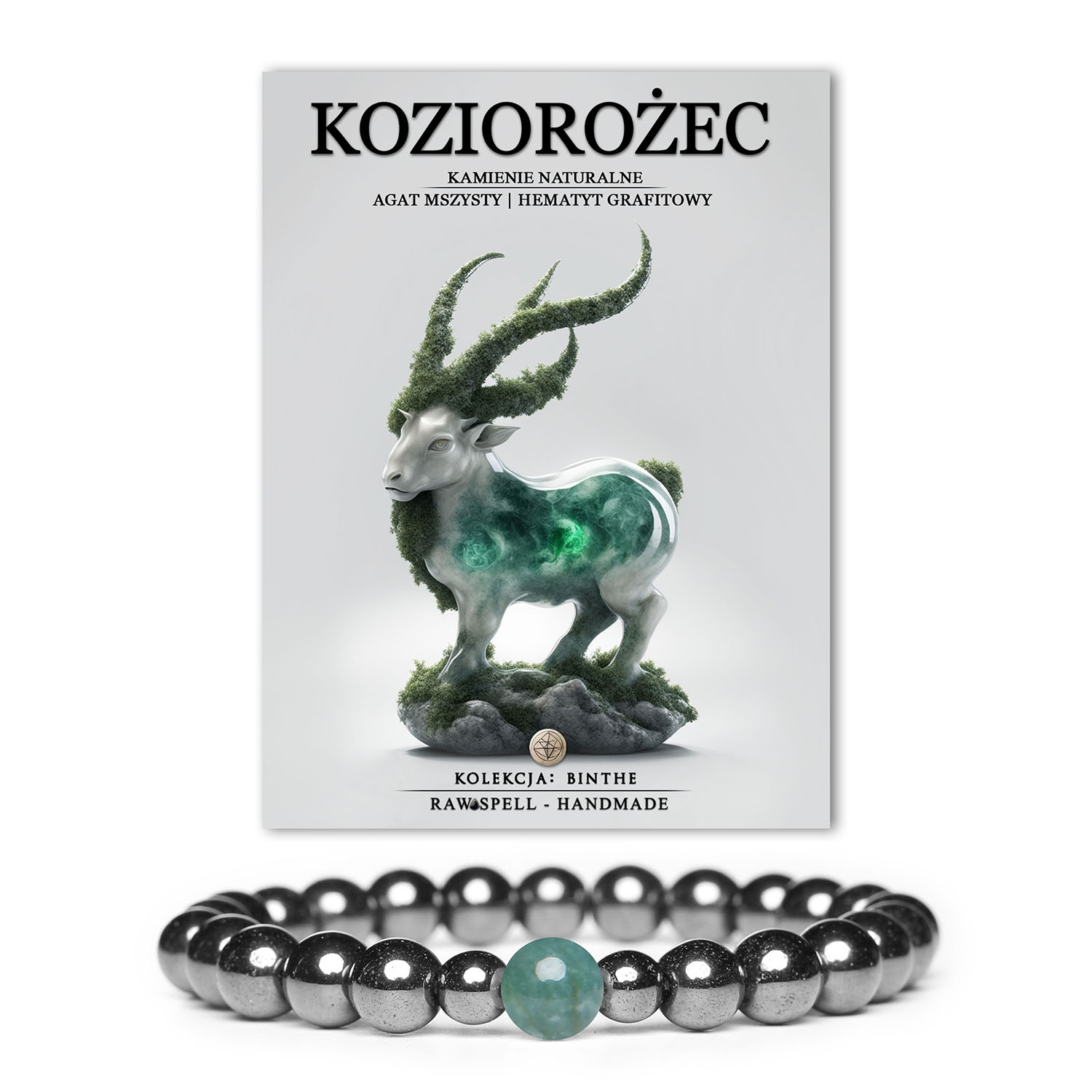 Bransoletka z kolekcji Binthe dla Koziorożca, wykonana z naturalnych kamieni: agat mszysty i hematyt grafitowy, idealna dla kobiet i mężczyzn.