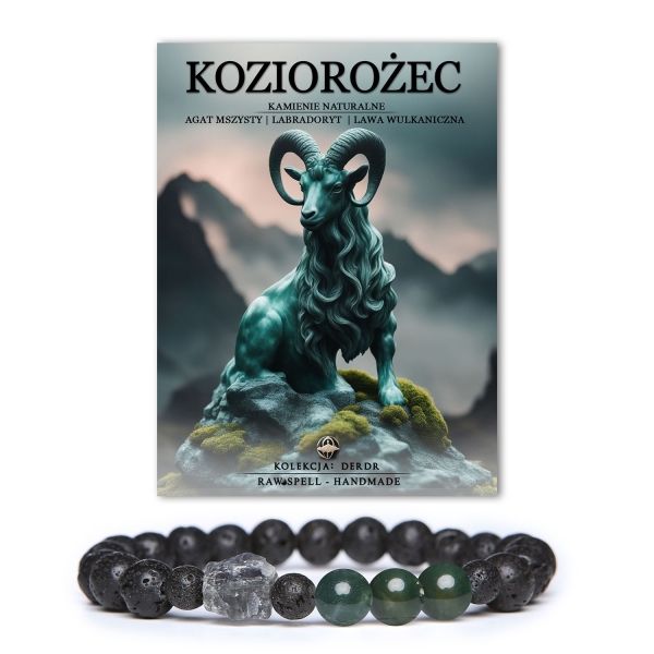 Elegancka bransoletka dla Koziorożca, łącząca agat mszysty, labradoryt i lawę wulkaniczną z kolekcji Derdr, oferująca harmonię i siłę.