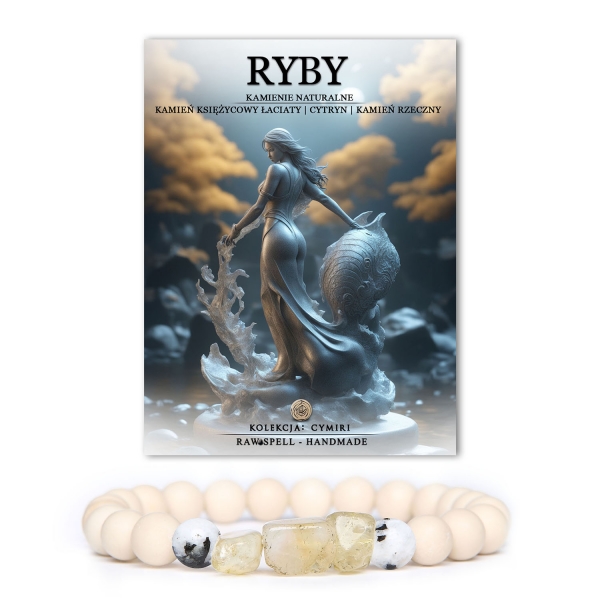 Urokliwa bransoletka z kamieni naturalnych z kolekcji Cymiri, stworzona z myślą o zodiakalnych Rybach. Jej unikatowe połączenie kamienia księżycowego łaciatego, soczystego cytrynu oraz eleganckiego kamienia rzecznego emanuje spokojem i mistycznym wdziękiem.