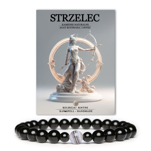 Bransoletka z kamieni naturalnych dla Strzelca, wykonana z Agatu Botswany i Onyksu, idealna dla mężczyzn i kobiet, symbolizująca wolność.