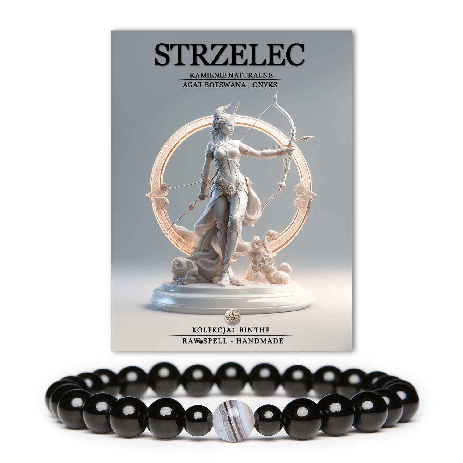 Bransoletka z kamieni naturalnych dla Strzelca, wykonana z Agatu Botswany i Onyksu, idealna dla mężczyzn i kobiet, symbolizująca wolność.