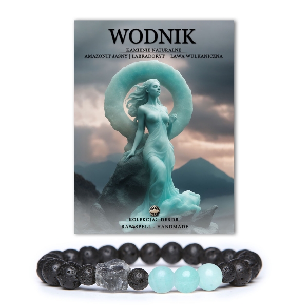 Kolekcja Derdr - bransoletka Wodnik z jasnym amazonitem, labradorytem i lawą wulkaniczną, idealna dla miłośników natury i astrologii.