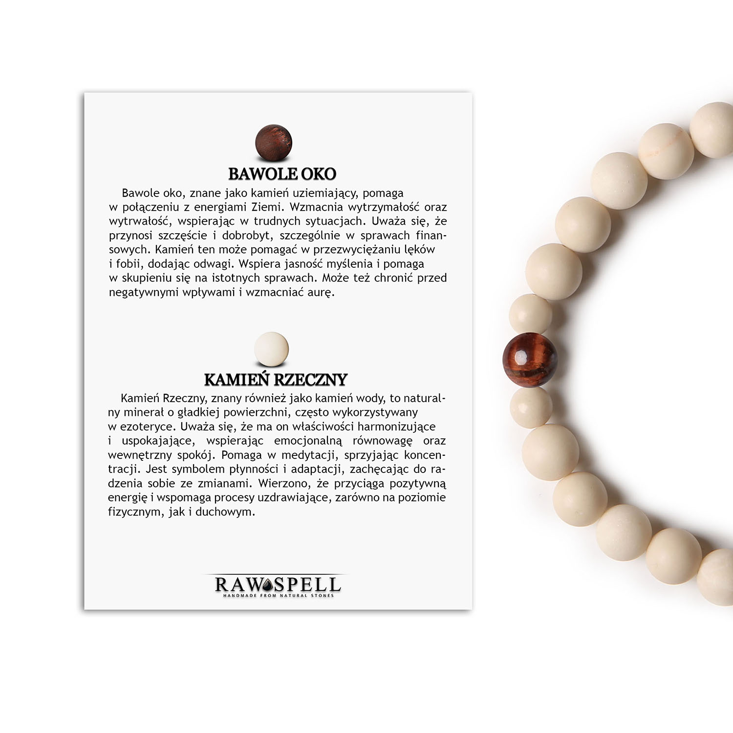 Bransoletka damska i męska z kolekcji Binthe - Bawole Oko i Kamień Rzeczny w jednym wydaniu Bransoletka unisex z kolekcji Binthe, wykonana z kamieni naturalnych: bawole oko oraz kamień rzeczny.