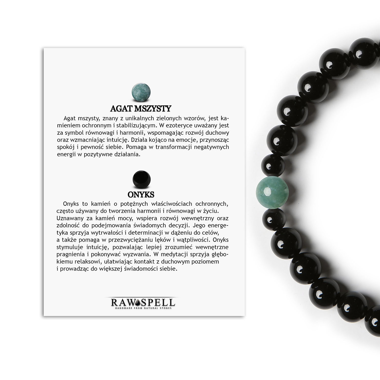 Bransoletka męska i damska Binthe Agat Mszysty & Onyks - Unikalny dodatek dla każdego Bransoletka Binthe w kolorach mszystego agatu i onyksu, modny dodatek dla kobiet i mężczyzn.