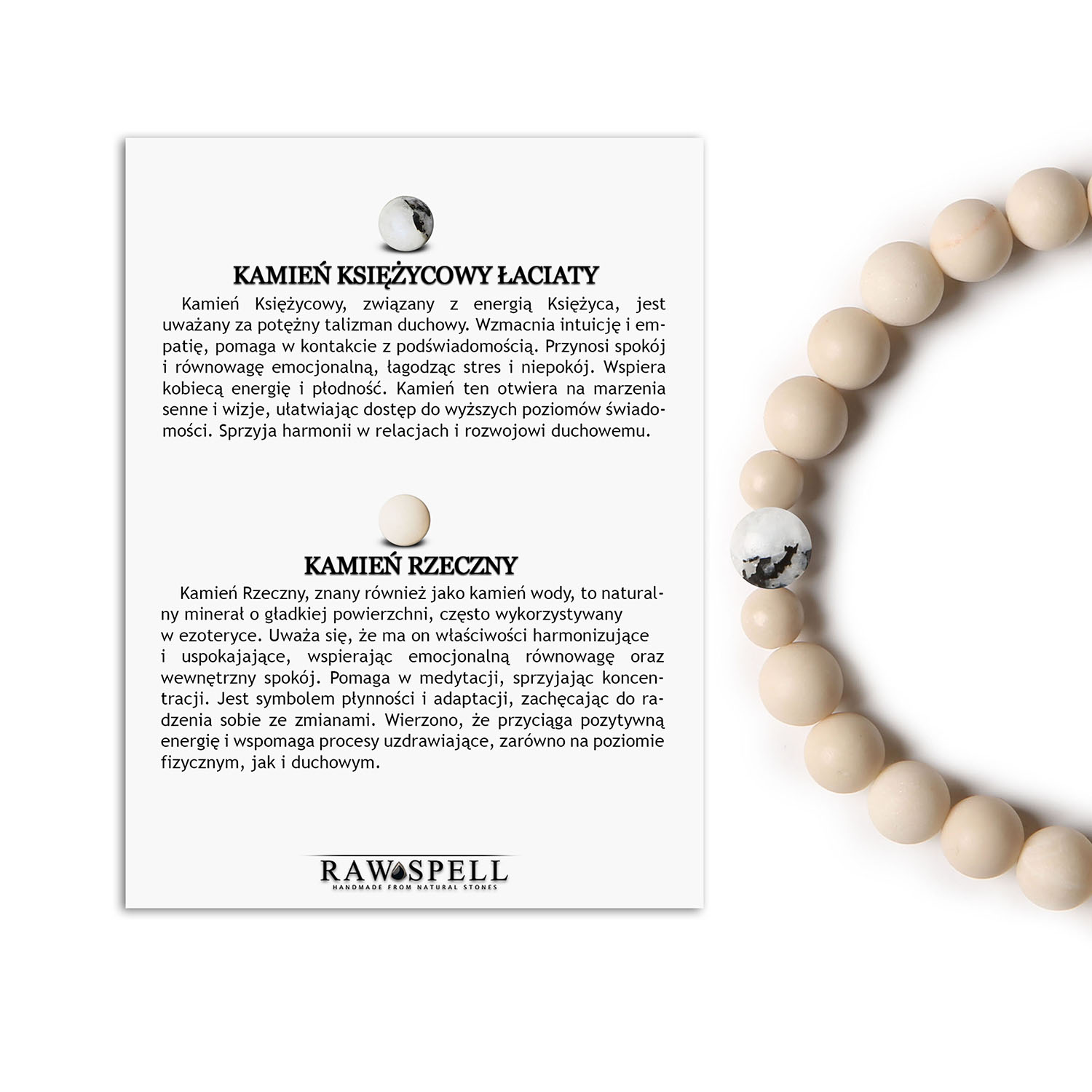 Bransoletka unisex Binthe - Kamień Księżycowy Łaciaty i Rzeczny, idealna dla każdej płci Bransoletka z kolekcji Binthe z kamieniami naturalnymi, w tym Kamieniem Księżycowym Łaciatym i Kamieniem Rzecznym, przeznaczona dla kobiet i mężczyzn.