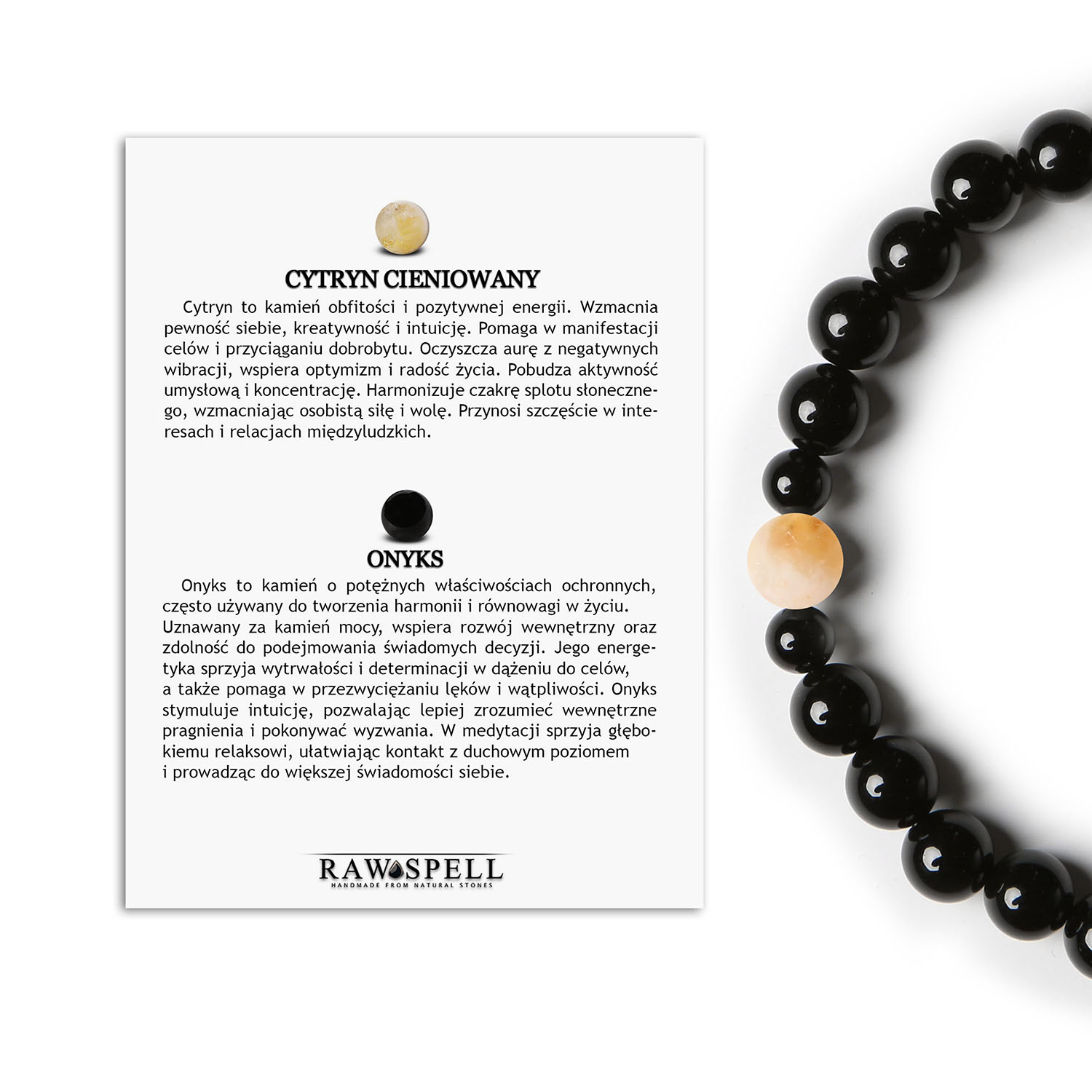 Bransoletka unisex Binthe z cytrynem cieniowanym i onyksami - idealna dla kobiet i mężczyzn. Bransoletka z kolekcji Binthe w kolorze cytrynowym cieniowanym i onyksowym, dostępna w wersji damskiej i męskiej.