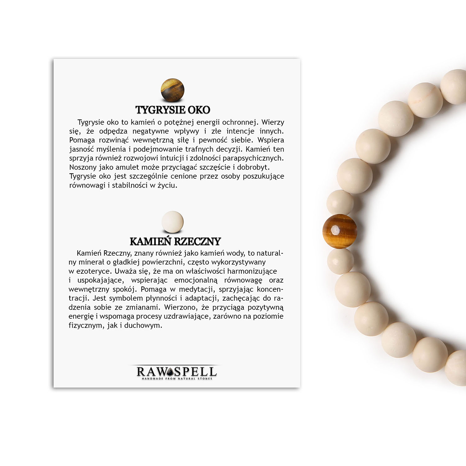 Bransoletka unisex z kolekcji Binthe – Tygrysie Oko i Kamień Rzeczny dla niej i dla niego Bransoletka Binthe z naturalnymi kamieniami, w tym tygrysim okiem i kamieniem rzecznym, dedykowana dla obu płci.