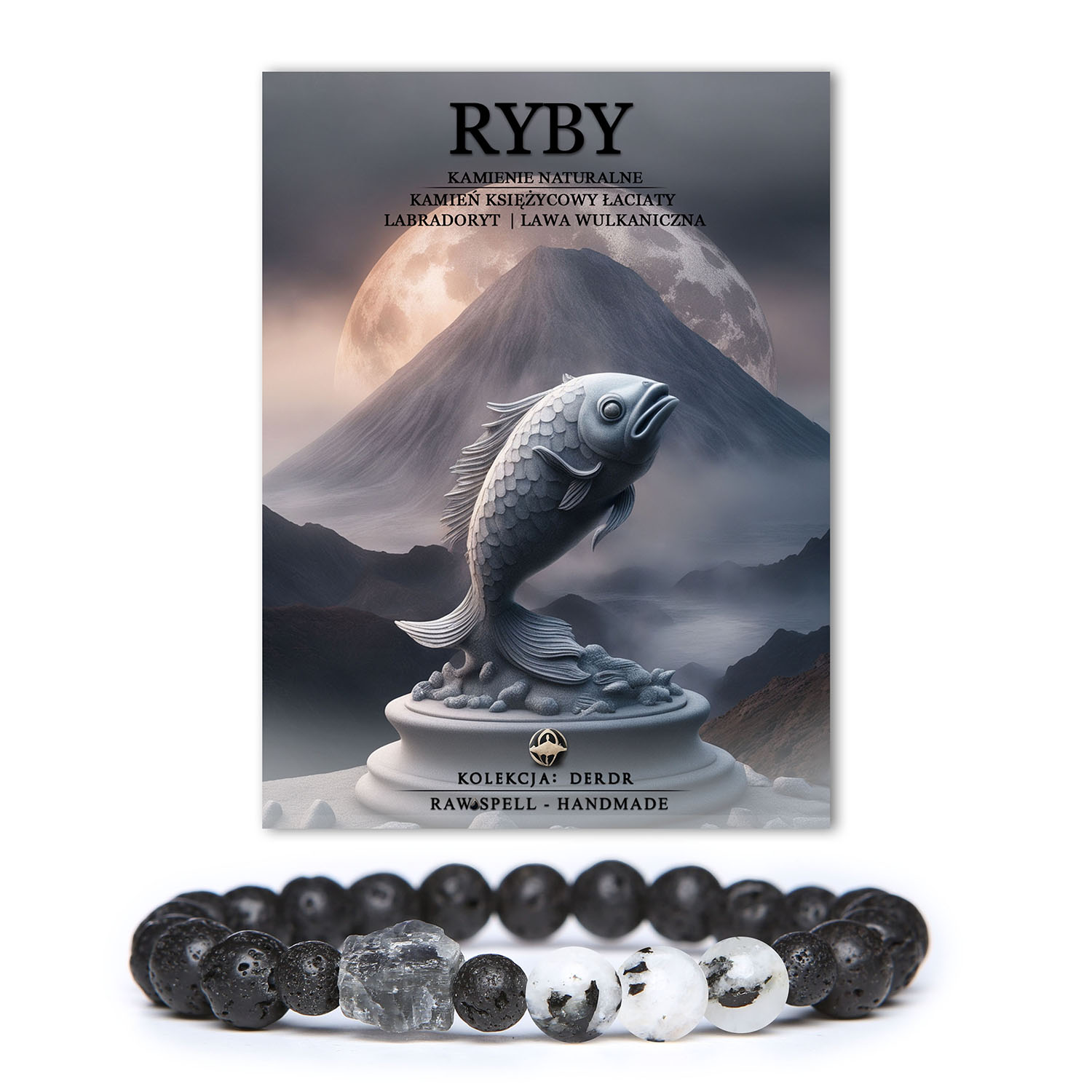 Bransoletka z kamieni naturalnych w odcieniach niebieskich i szarości, z kamieniem księżycowym łaciatym, labradorytem i lawą wulkaniczną, zaprojektowana dla osób urodzonych pod znakiem Ryb.