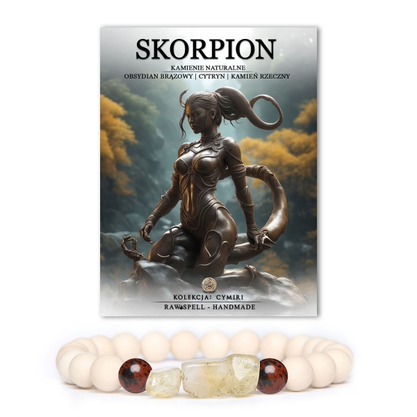 Bransoletka z kolekcji Cymiri, stworzona z naturalnych kamieni, podkreślająca pasję i zmysłowość Skorpiona. Różnorodność kamieni – brązowy obsydian, cytryn oraz kamień rzeczny – tworzy harmonijną kompozycję, która nie tylko przyciąga wzrok, ale także wspiera energetyczny potencjał noszącego. Doskonały wybór dla miłośników astrologii i eleganckiej biżuterii.