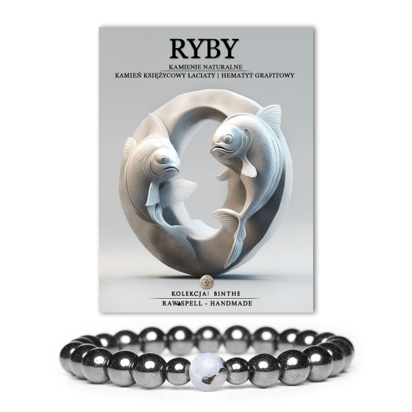 Elegancka bransoletka Binthe z naturalnymi kamieniami: łaciatym kamieniem księżycowym i grafitowym hematytem, dostępna dla kobiet i mężczyzn.