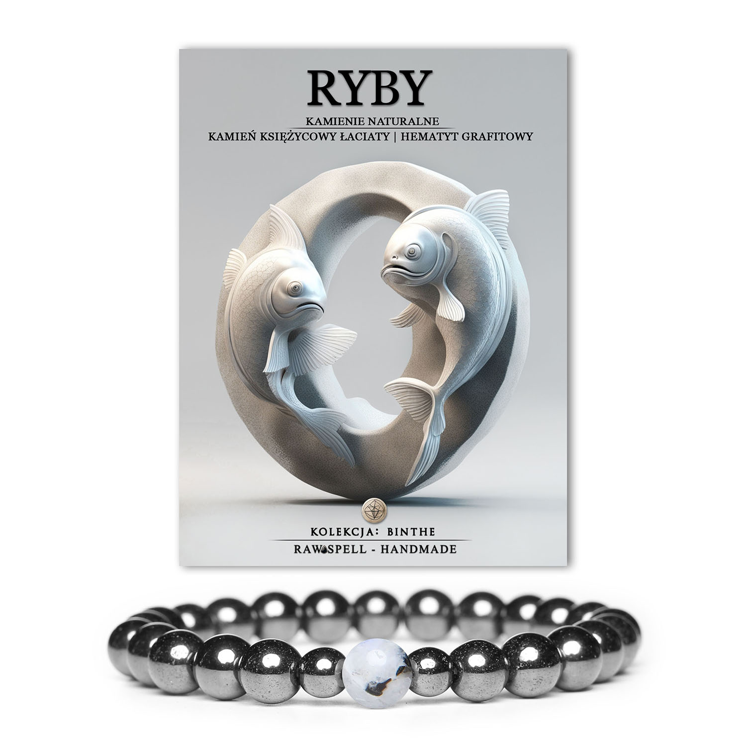 Elegancka bransoletka Binthe z naturalnymi kamieniami: łaciatym kamieniem księżycowym i grafitowym hematytem, dostępna dla kobiet i mężczyzn.