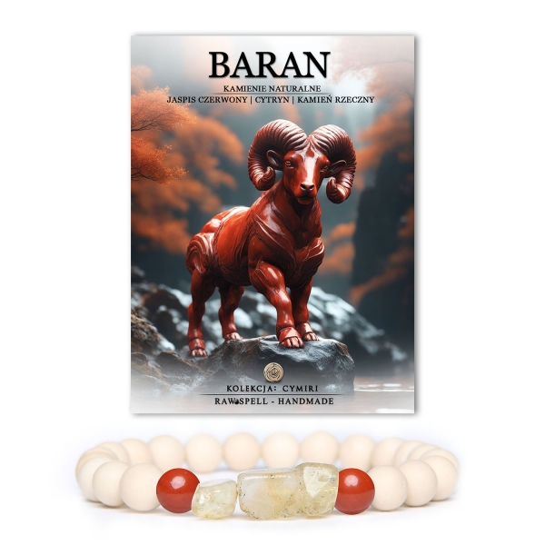 Oryginalna bransoletka z kolekcji Cymiri, idealna dla osób urodzonych pod znakiem Barana. Eleganckie połączenie naturalnych kamieni: energetycznego jaspisu czerwonego, promiennego cytrynu i spokojnego kamienia rzecznego, tworzy niepowtarzalny design, który podkreśli indywidualność każdego posiadacza.