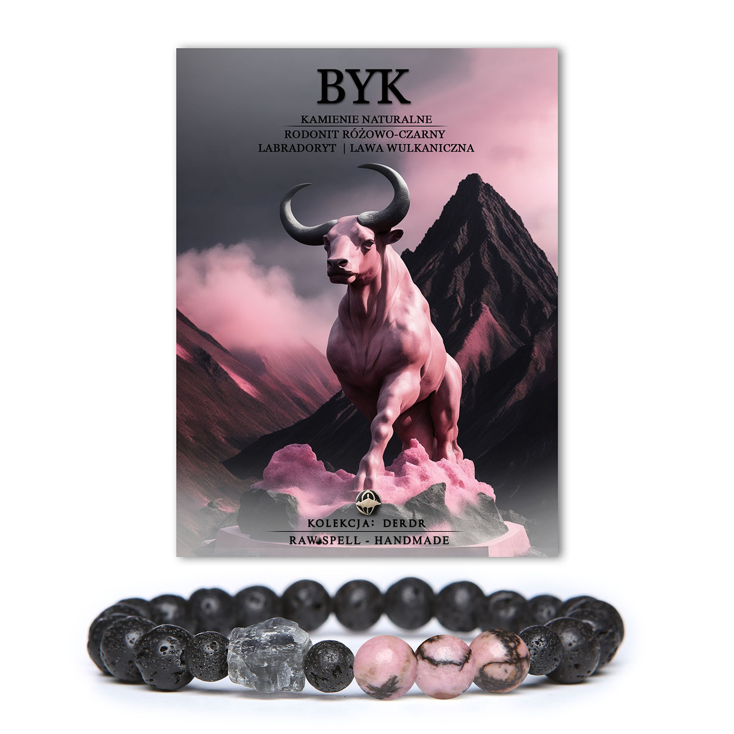 Stylowa bransoletka z kamieni naturalnych z kolekcji Derdr, stworzona dla Byków - zawiera rodonit, labradoryt i wulkaniczną lawę.