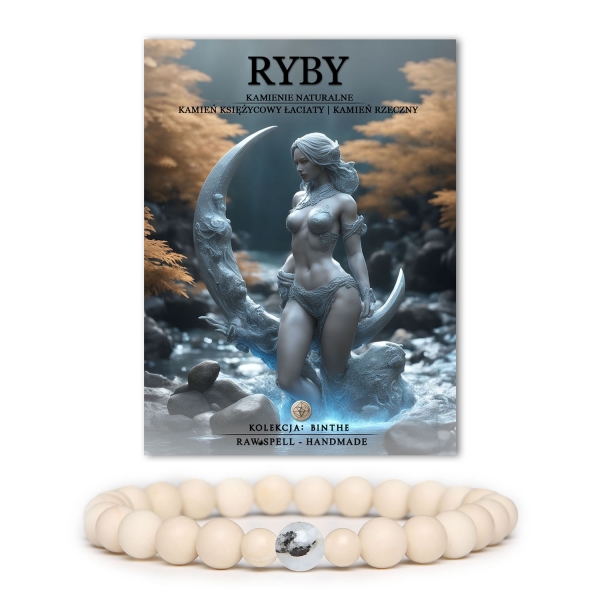 Stylowa bransoletka z kolekcji Binthe, wykonana z Kamienia Księżycowego Łaciatego i Kamienia Rzecznego, dedykowana znaku zodiaku Ryby. Naturalne minerały nadają jej wyjątkowego charakteru, idealna dla pań i panów ceniących modę i astrologię.
