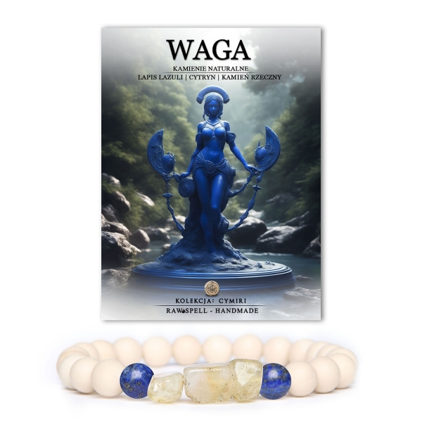 Bransoletka z kamieni naturalnych z kolekcji Cymiri, łącząca piękno lapis lazuli, cytrynu oraz kamienia rzecze, ukazująca esencję znaku zodiaku Wagi, której forma inspiruje do dążenia do równowagi i harmonię w życiu. Wyjątkowy dodatek dla osób poszukujących czegoś więcej niż tylko biżuterii.