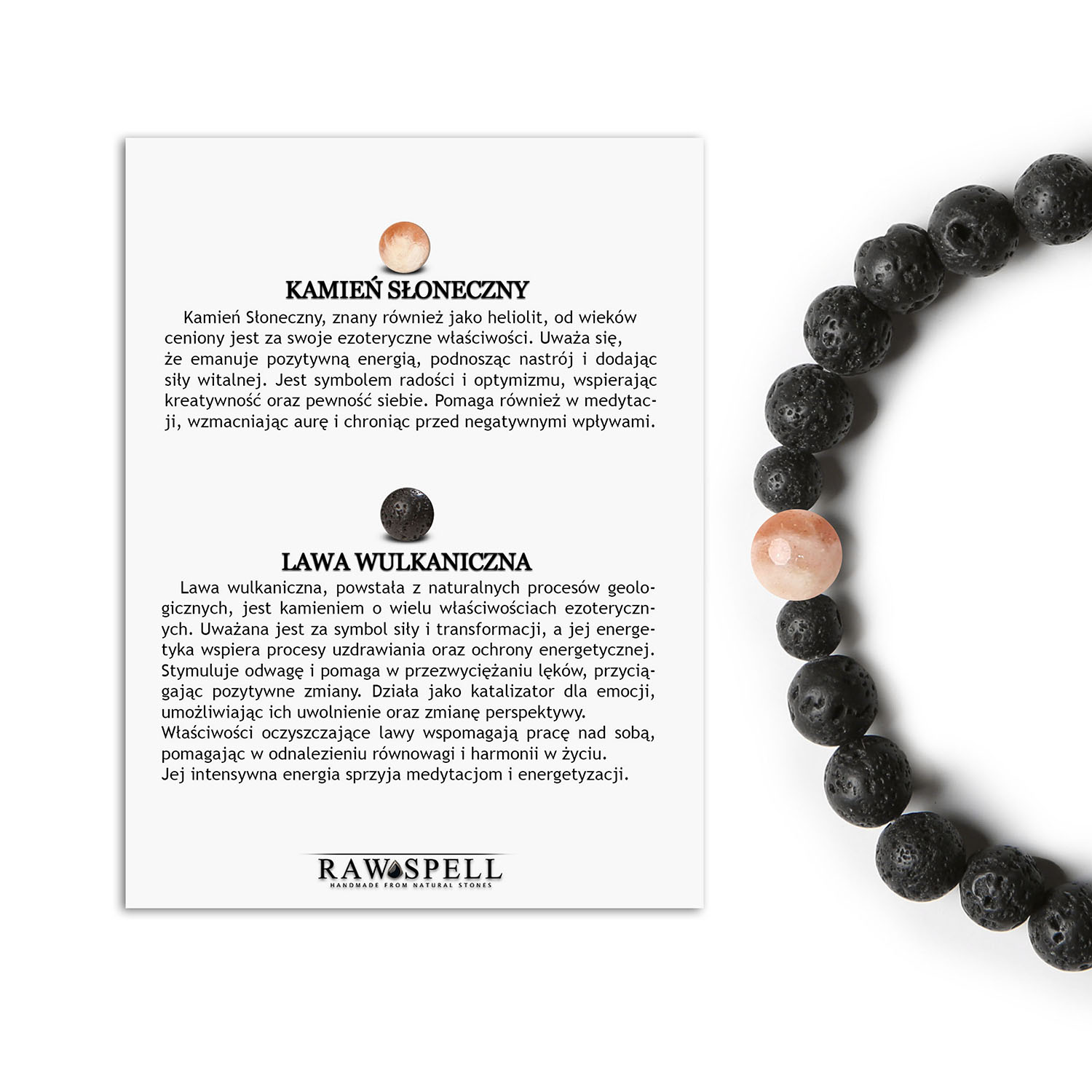 Bransoletka z Kamieniem Słonecznym - Wyjątkowy design z Lawą Wulkaniczną, dostępny w wersjach damskiej i męskiej Damska i męska bransoletka Binthe z Kamieniem Słonecznym oraz Lawą Wulkaniczną, świetny dodatek do każdej stylizacji.