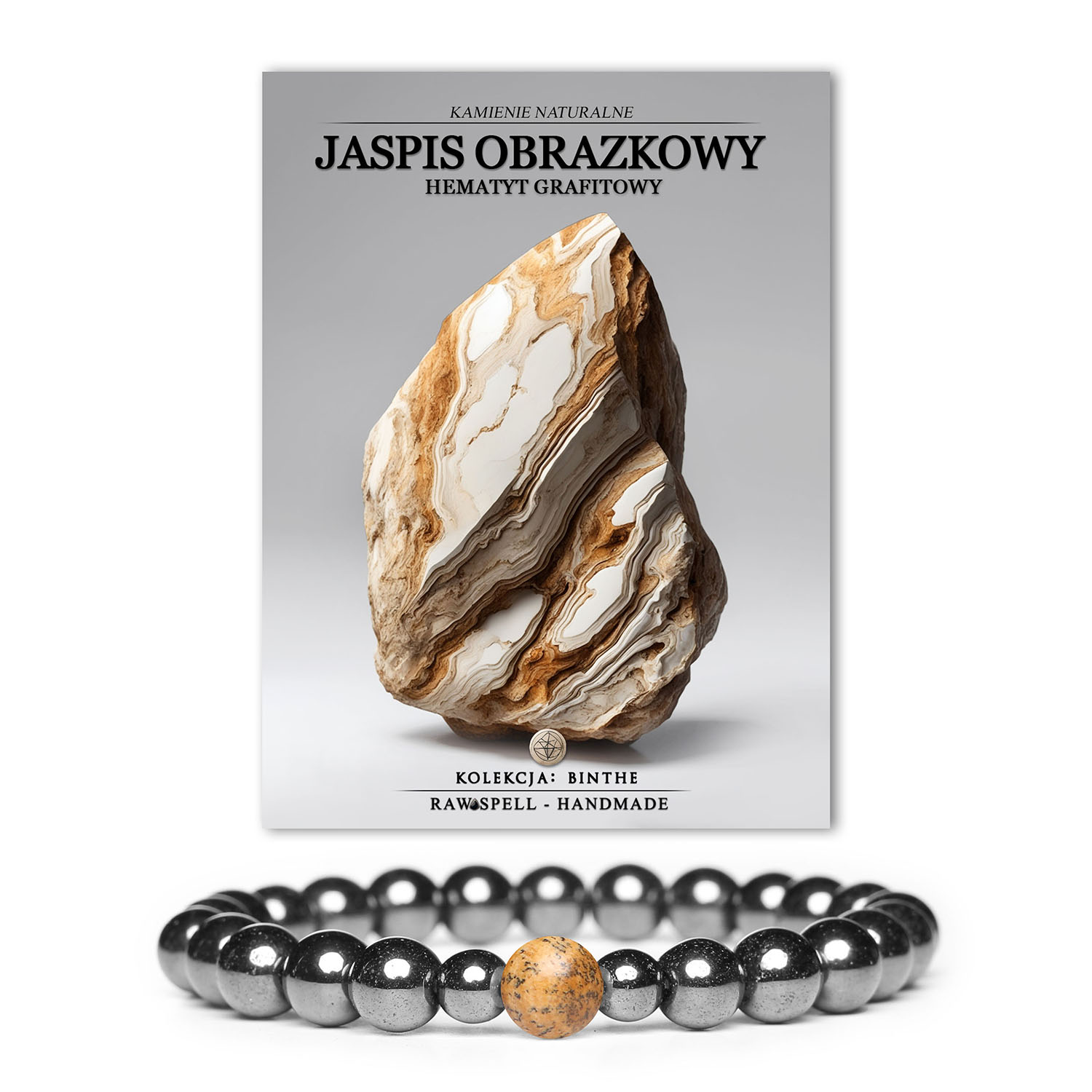 Bransoletka z kolekcji Binthe wykonana z jaspisu obrazkowego i hematytu grafitowego, idealna dla kobiet i mężczyzn.