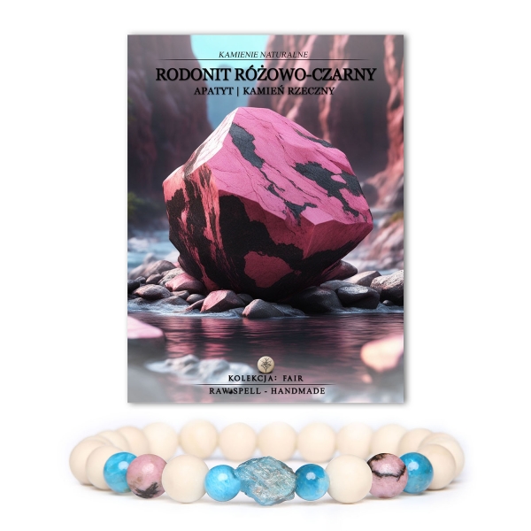 Modna bransoletka z kolekcji Fair, łącząca rodonit różowo-czarny, apatyt oraz kamień rzeczny - idealna biżuteria na każdą okazję, zarówno dla pań, jak i panów.