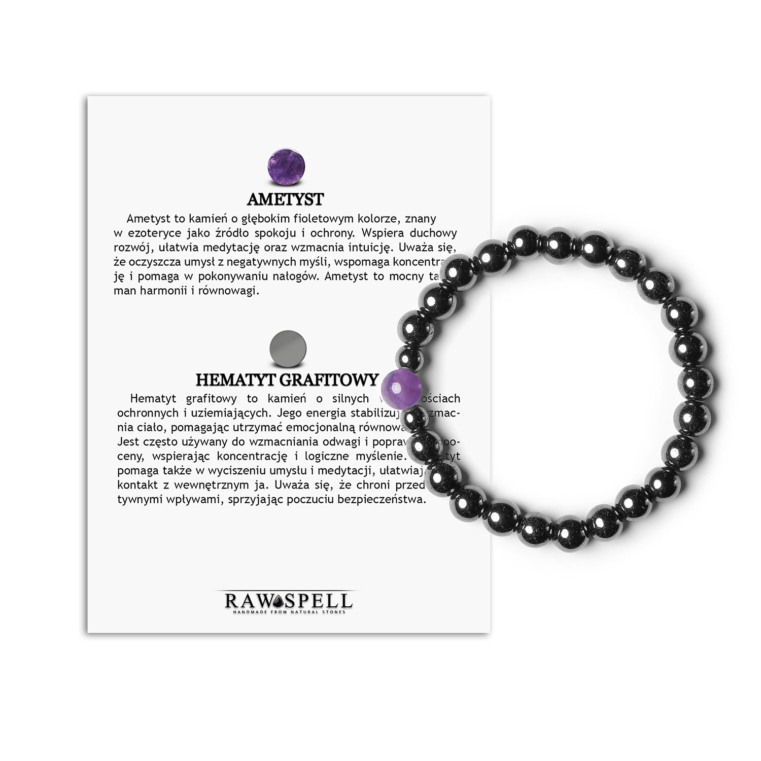 Bransoletka z kamieni naturalnych Binthe - Ametyst i Hematyt w odcieniach grafitu Stylowa bransoletka Binthe z kamieniami ametystu i grafitowego hematytu, idealna na każdą okazję.