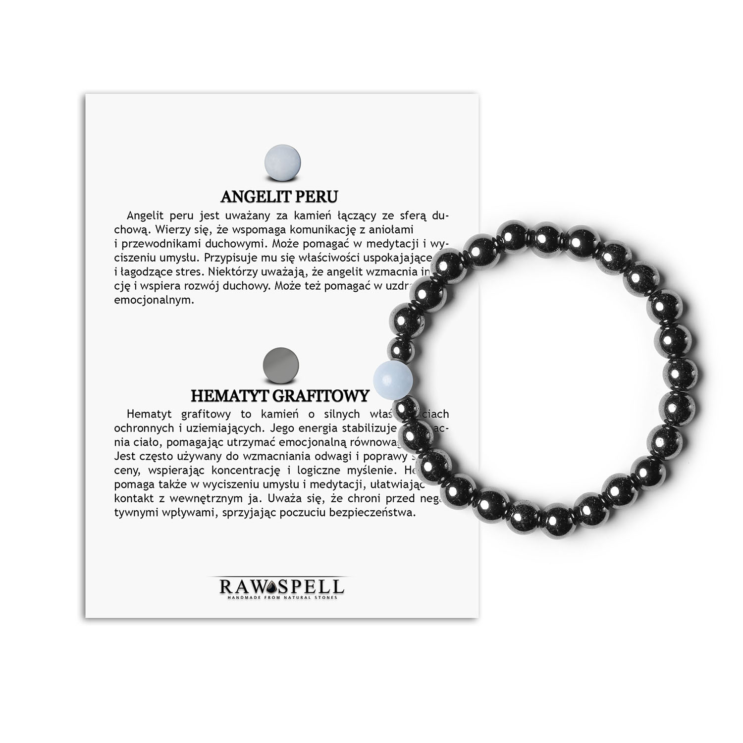 Bransoletka z kamieni naturalnych Binthe Angelit z Peru oraz Hematyt Grafitowy - Damskie i Męskie Bransoletka z naturalnych kamieni - angelit z Peru i grafitowy hematyt - w kolekcji Binthe, modny dodatek dla obu płci.