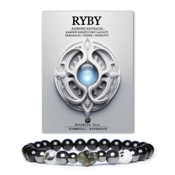 Stylowa bransoletka z kamieni naturalnych, idealna dla osób urodzonych pod znakiem Ryb. Zawiera kamień księżycowy łaciaty, szmaragd, onyks i hematyt grafitowy, dostępna w wersji damskiej i męskiej.